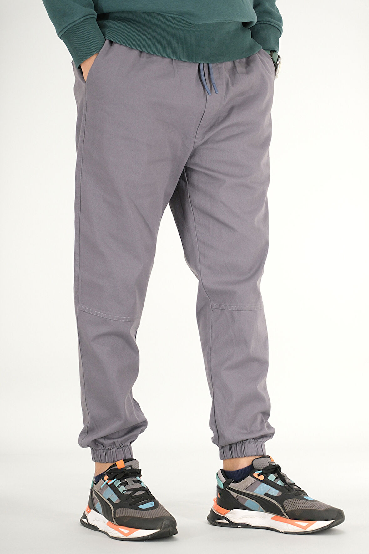 Erkek Füme Jogger Pantolon Rahat Kesim Pamuklu Lastikli Paça İpli