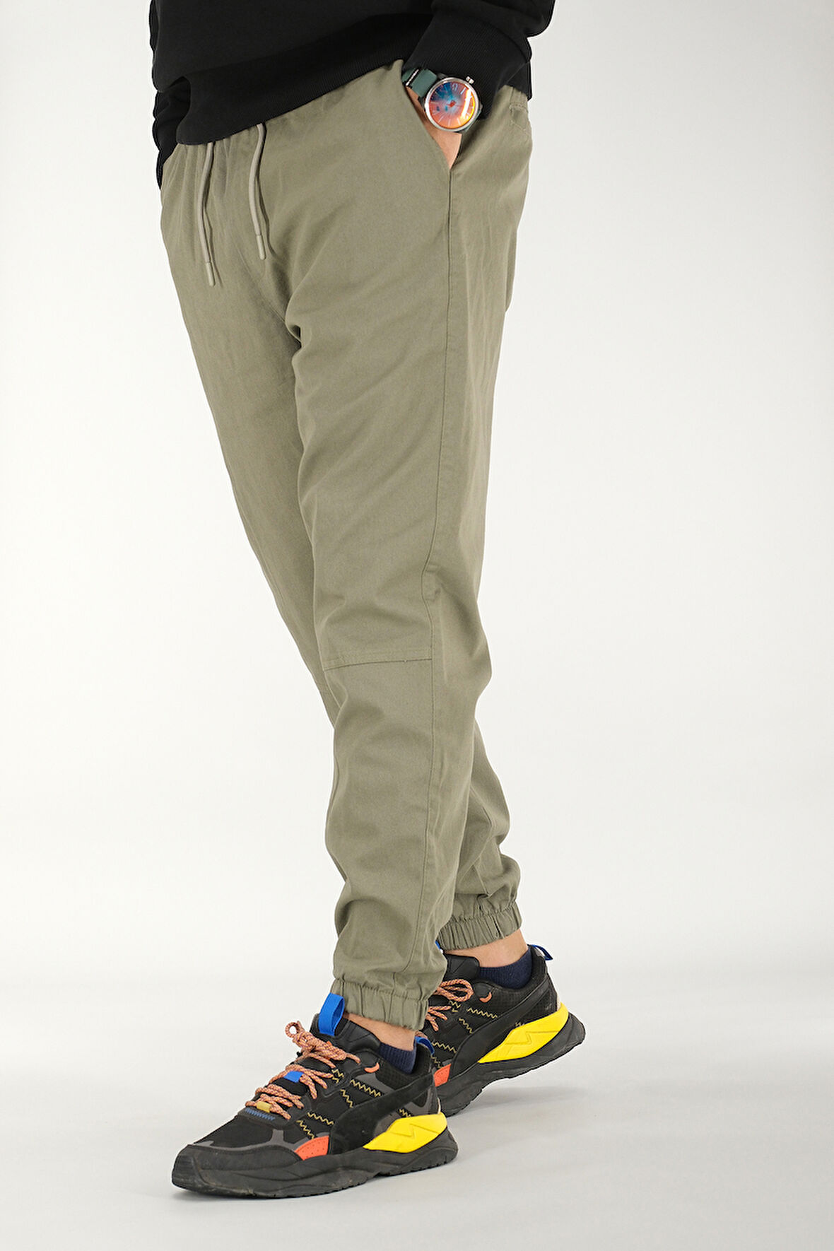 Erkek Açık Haki Jogger Pantolon Rahat Kesim Pamuklu Lastikli Paça İpli