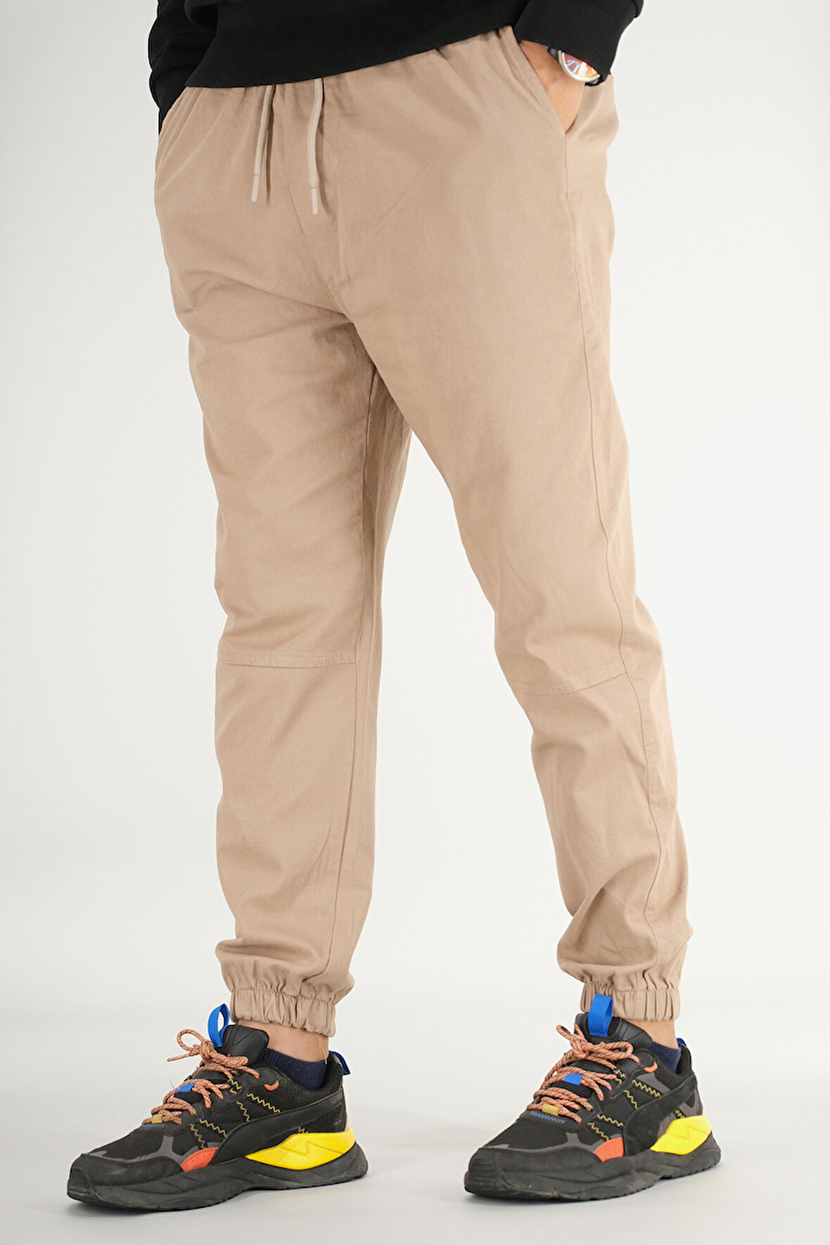 Erkek Vizon Jogger Pantolon Rahat Kesim Pamuklu Lastikli Paça İpli