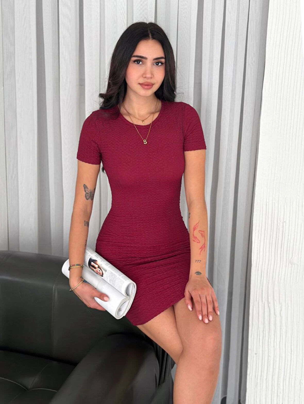 SUPPLİERBY Bisiklet Yaka Kısa Kol Likralı Elbise - Bordo