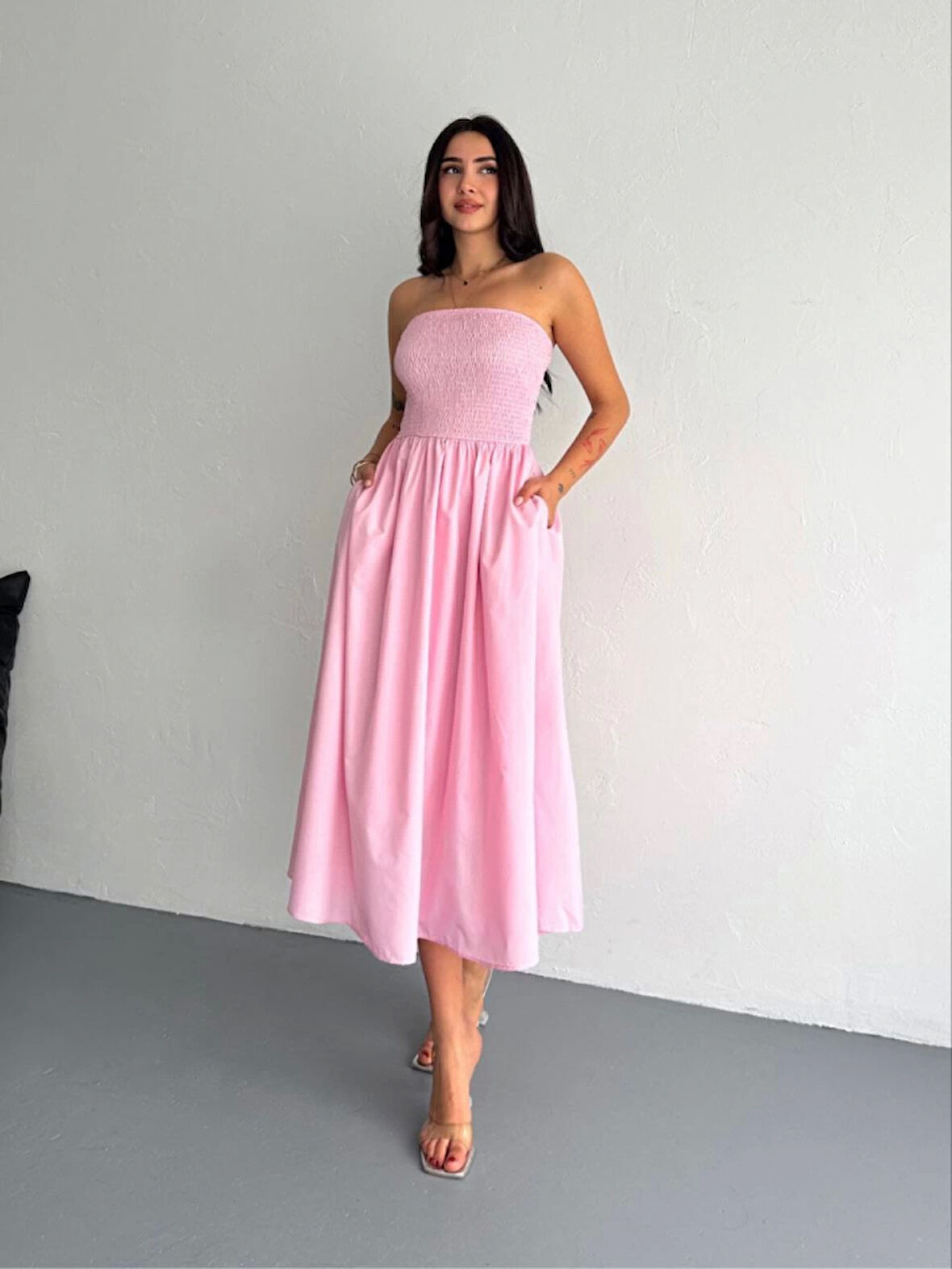SUPPLİERBY Straplez Pileli Elbise - Pembe