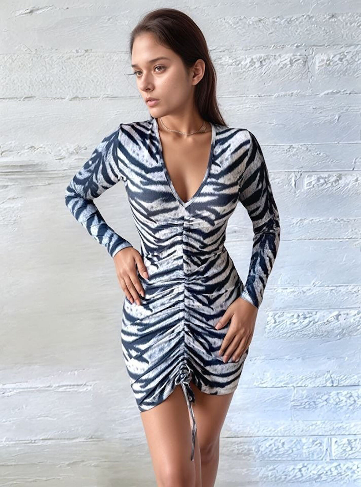 SUPPLİERBY Kadın V Yaka önü Asansör Büzgü Detay Fırsat ürün Zebra Mini Elbise