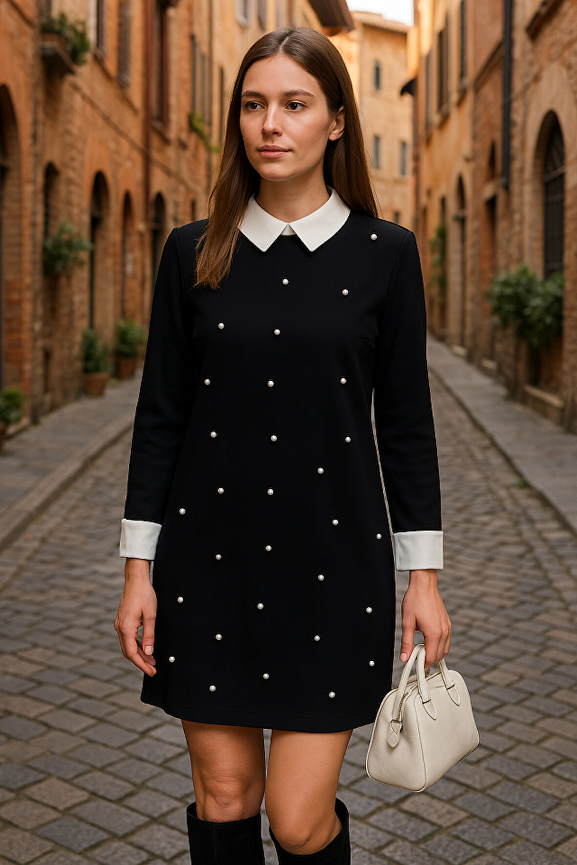 SUPPLİERBY Kadın Uzun Kollu Yakalı Incili Ithal Krep Elbise