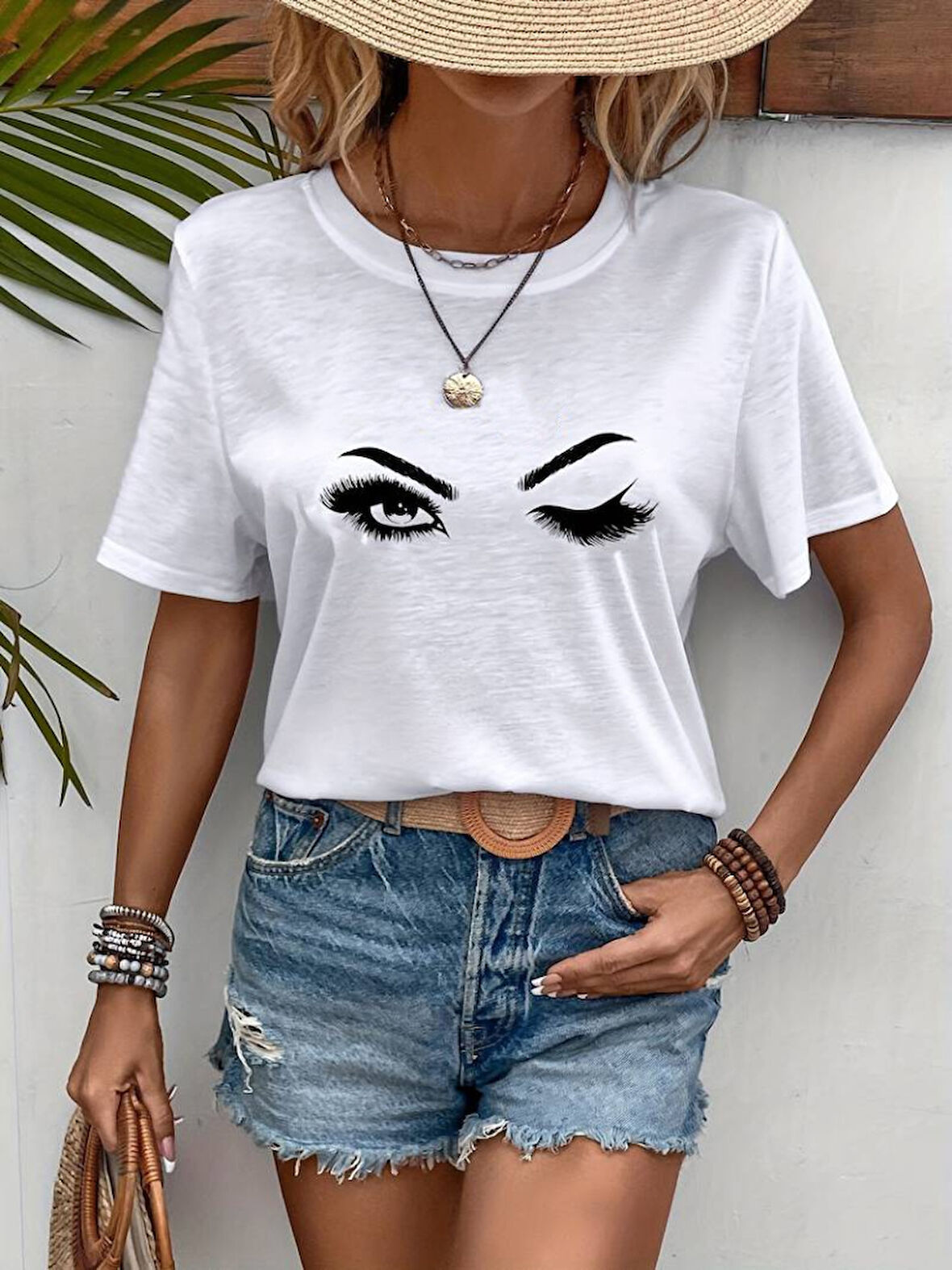 SUPPLİERBY Kadın Kısa Kollu Bisiklet Yaka Göz Baskılı Süprem T-shirt
