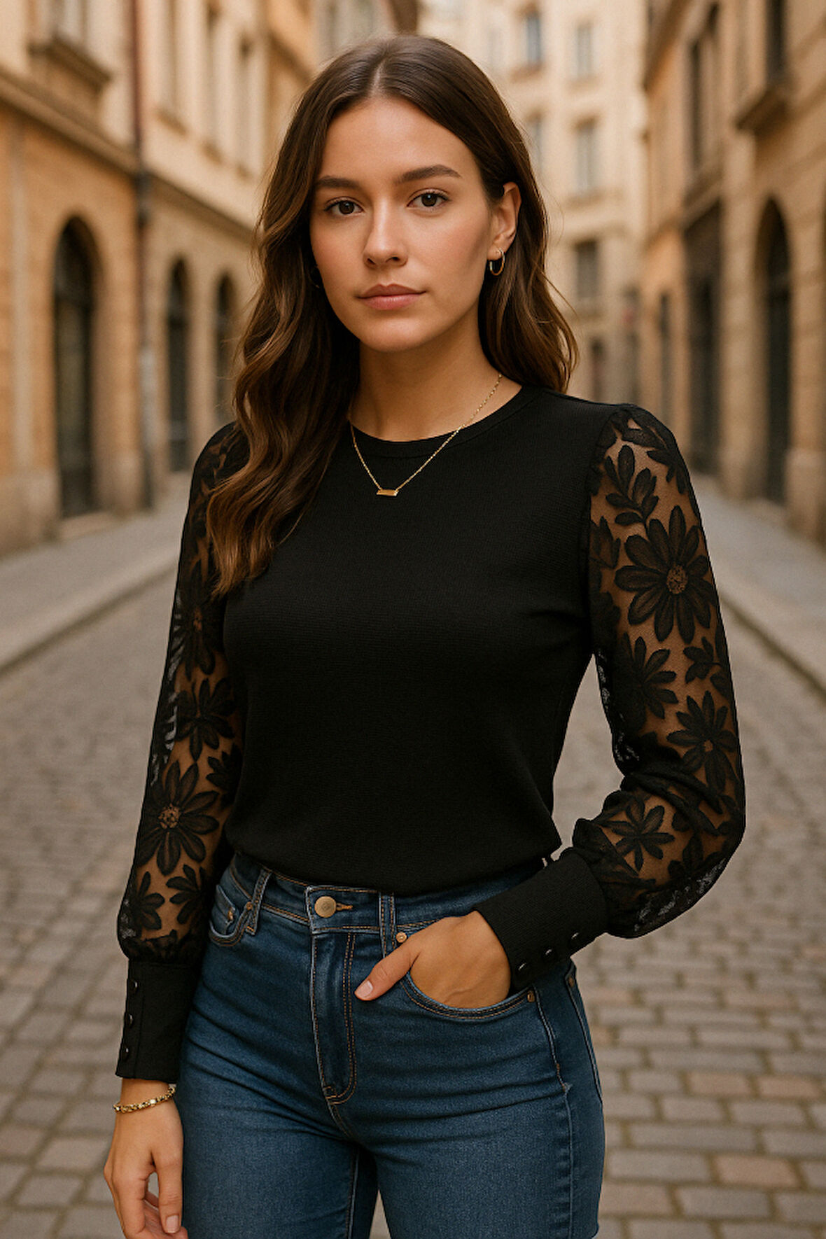 SUPPLİERBY Kadın Uzun Kollu Bisiklet Yaka Kolları çiçekli Waffle Bluz
