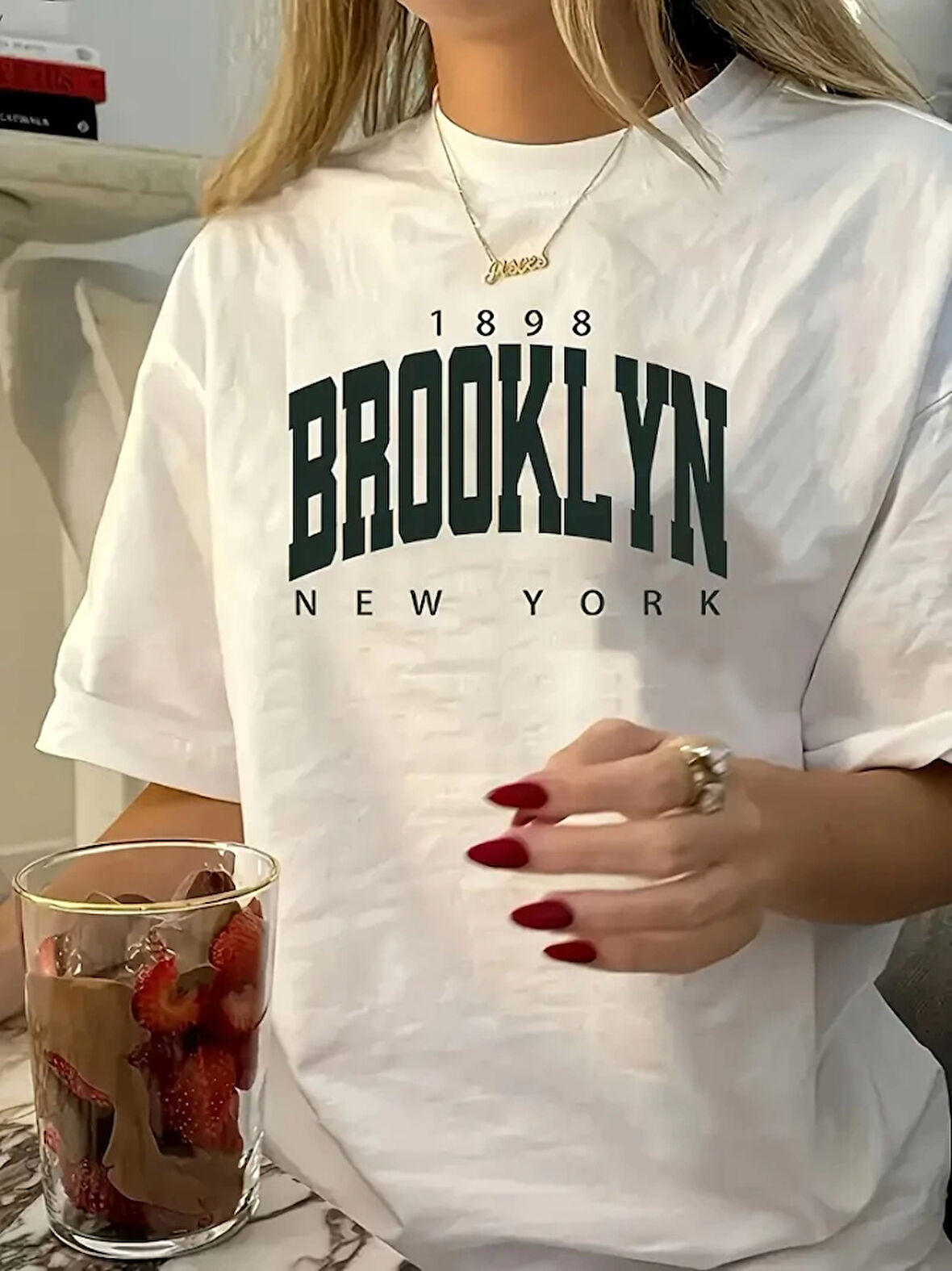 SUPPLİERBY Baskılı Oversize Bisiklet Yaka T-shirt - Beyaz