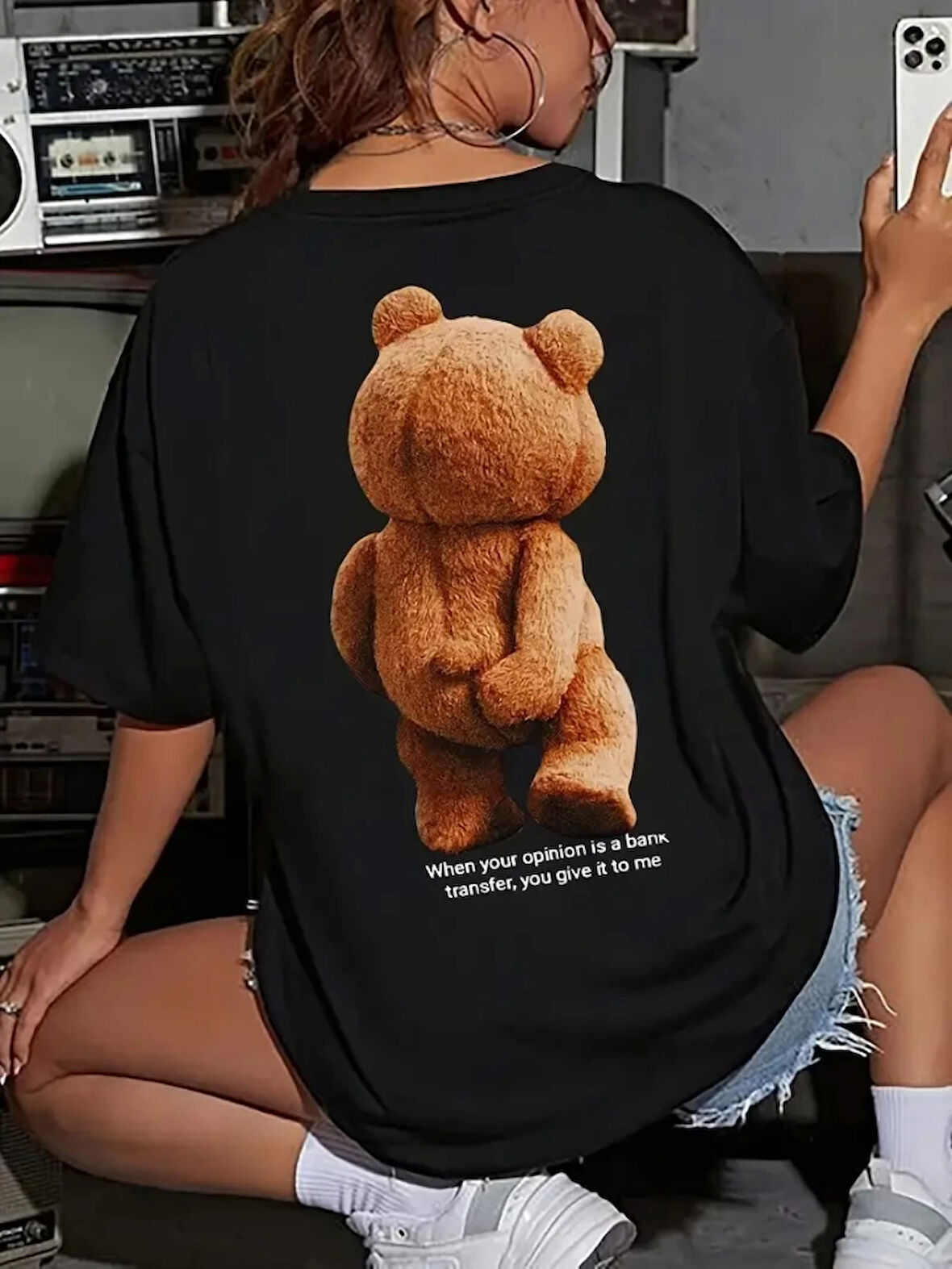 SUPPLİERBY Baskılı Oversize Bisiklet Yaka T-shirt - Siyah