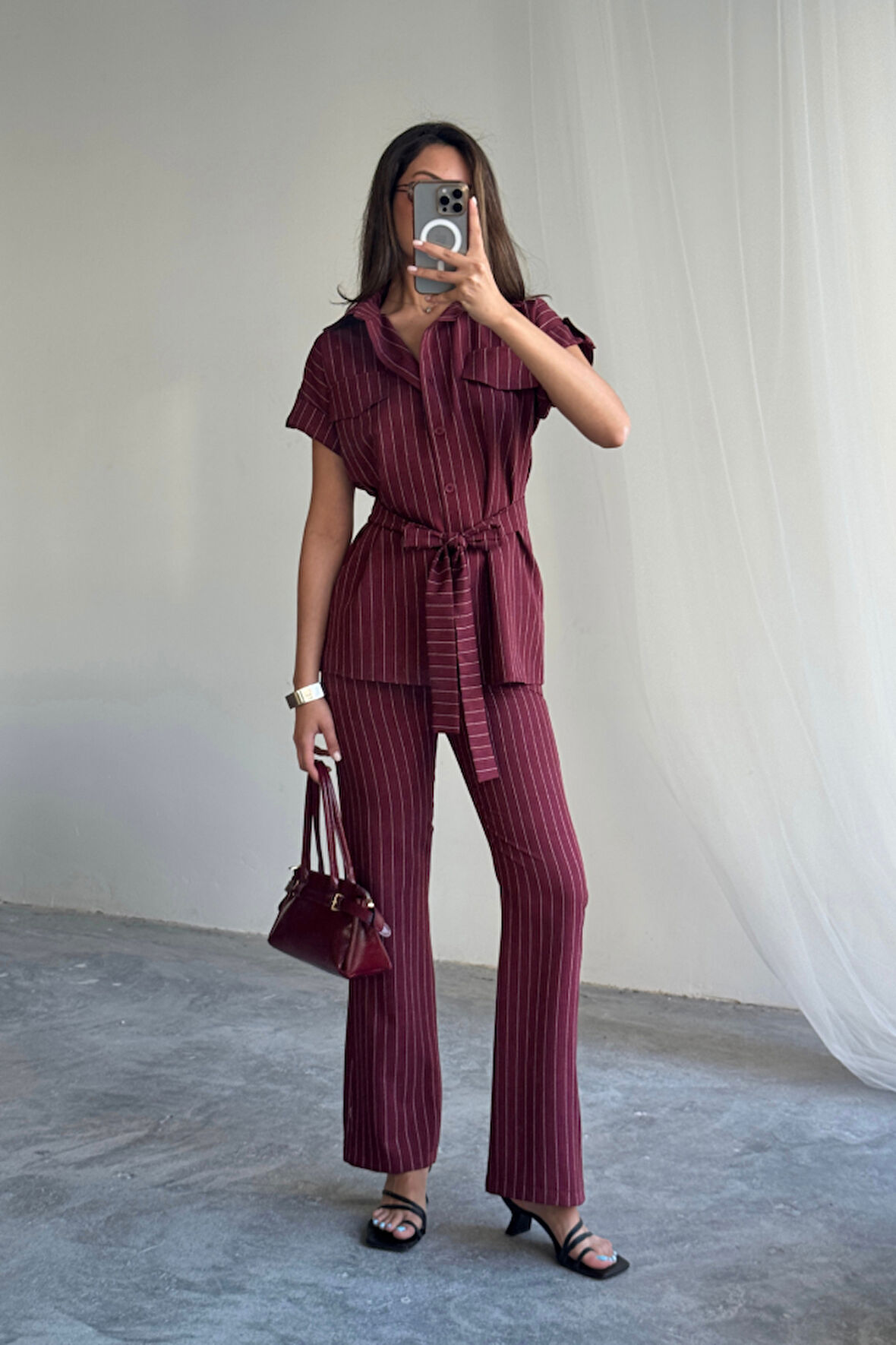 SUPPLİERBY ÇİZGİLİ POLYVİSKON BLUZ - PANTOLON TAKIM - Bordo