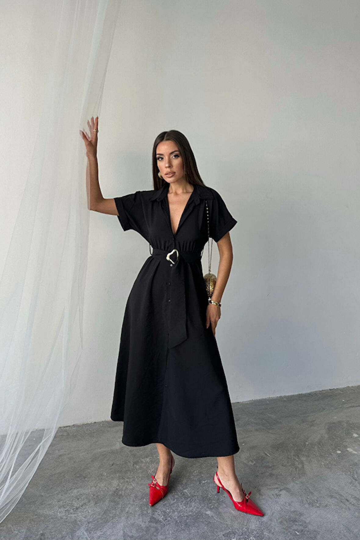 SUPPLİERBY ÖNDEN DÜĞMELİ CRUSHLI MODAL ELBİSE - Siyah