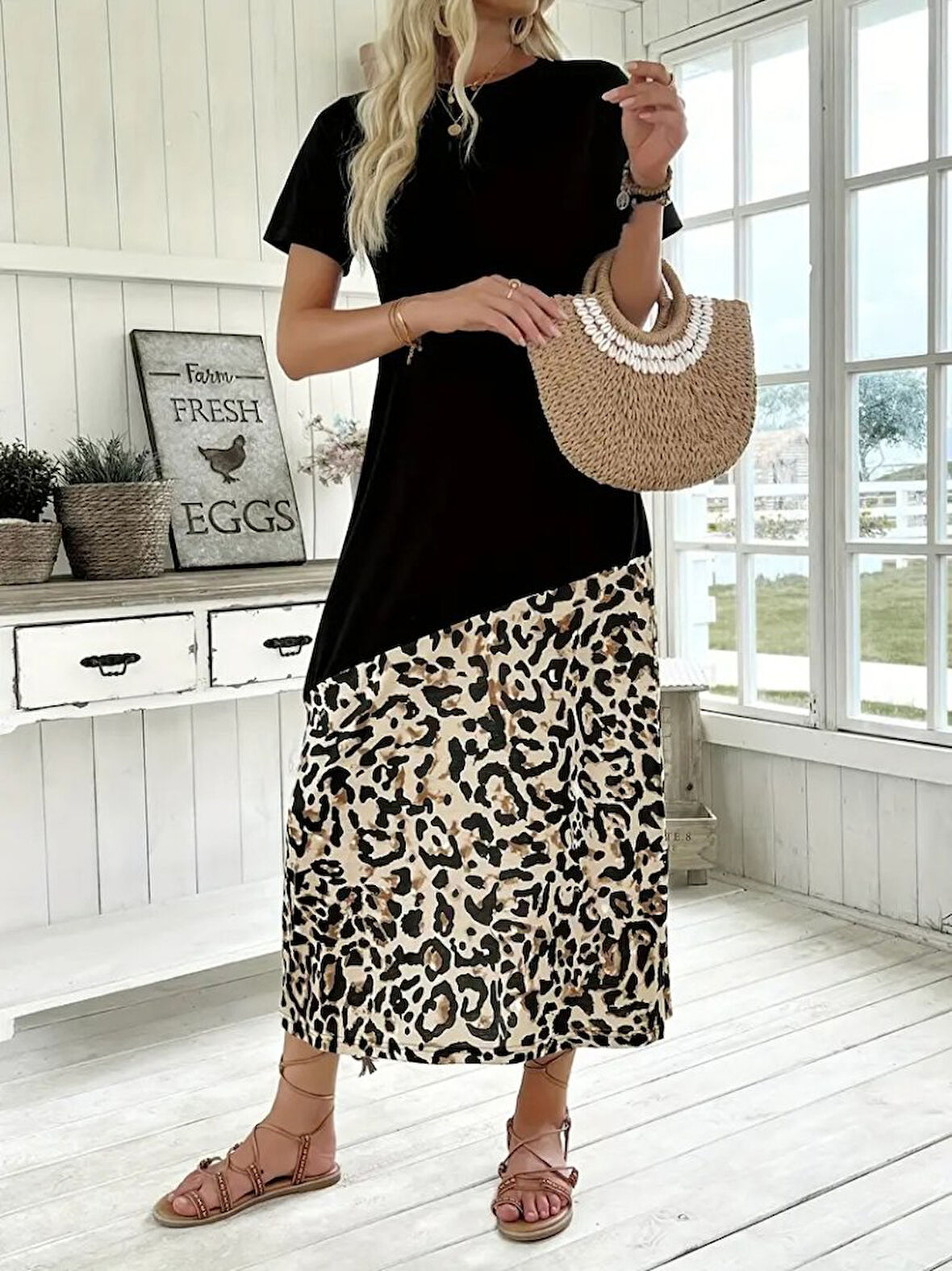 SUPPLİERBY Kadın Kısa Kollu Bisiklet Yaka Leopar Detaylı Midi üst Viskon Alt Süprem Elbise