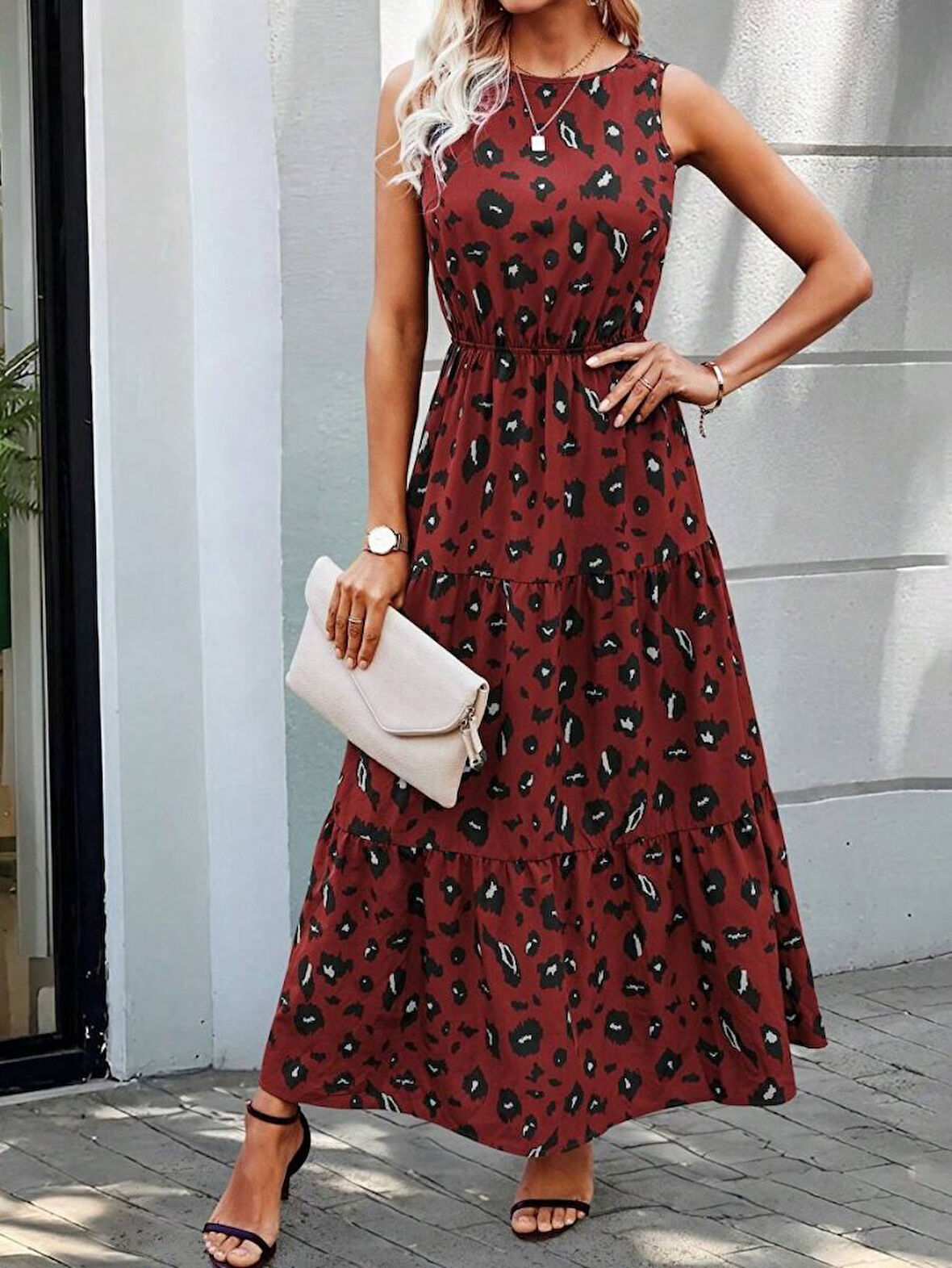 SUPPLİERBY Kadın Kolsuz Bisiklet Yaka Beli Lastikli Desenli Süprem Elbise