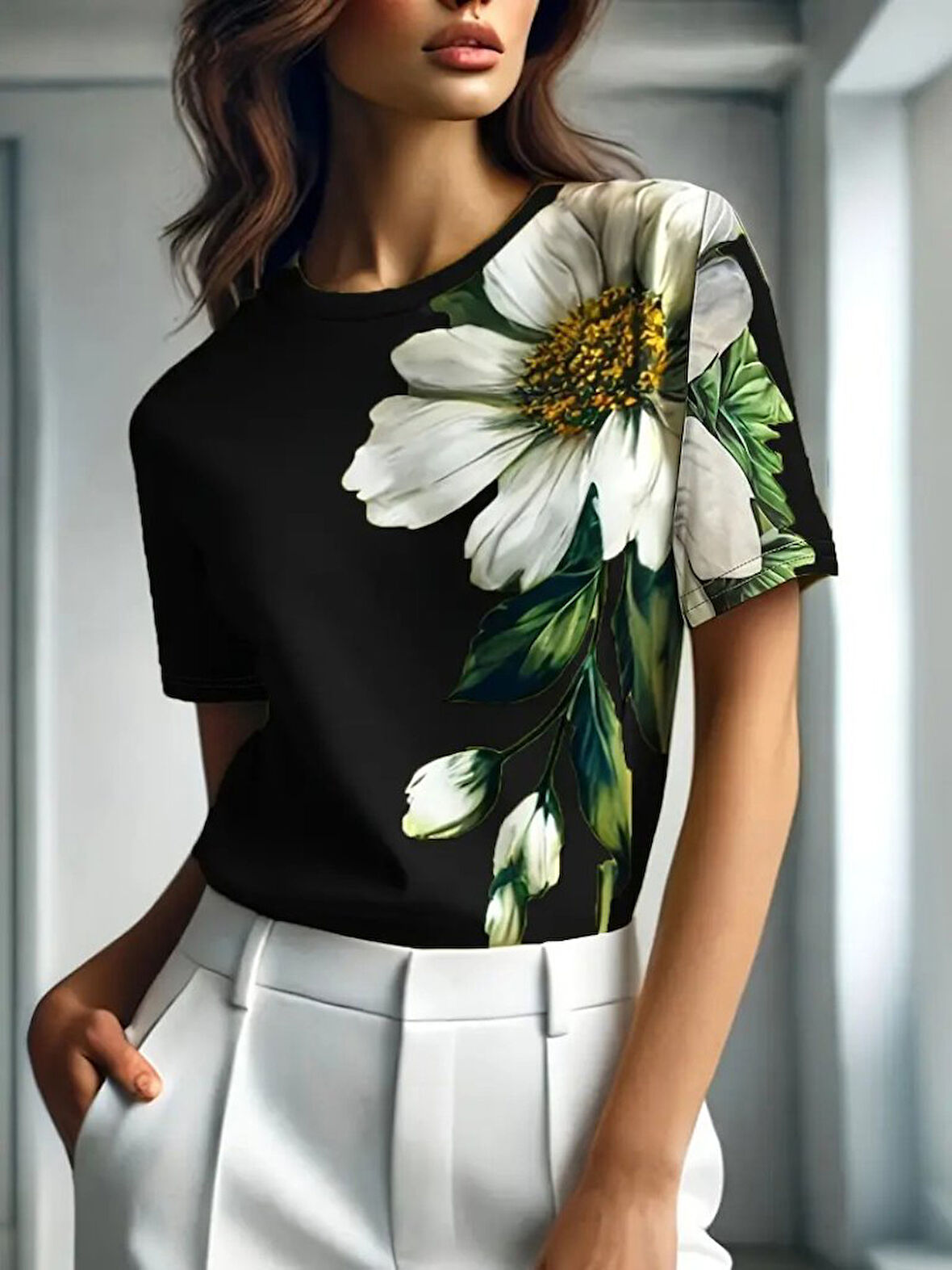 SUPPLİERBY Kadın Kısa Kollu Bisiklet Yaka çiçek Baskılı Süprem Bluz