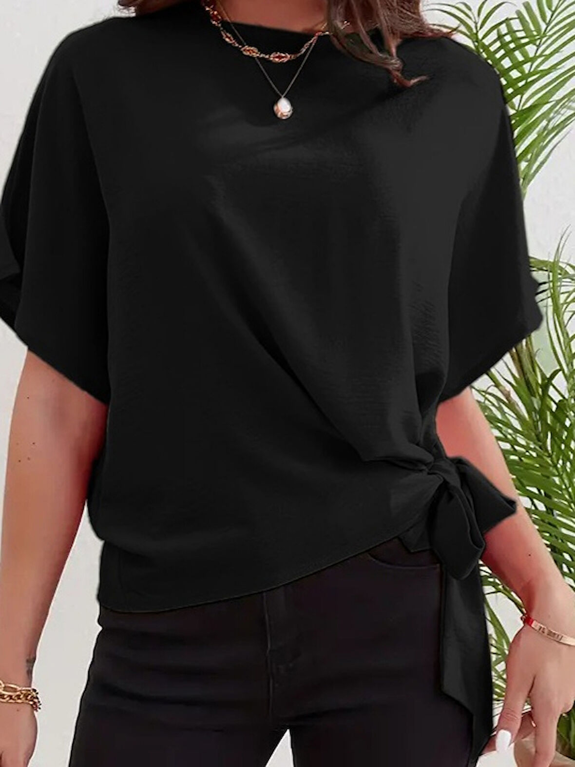 SUPPLİERBY Kadın Kısa Kollu Bisiklet Yaka Yandan Bağlamalı Aerobin Bluz