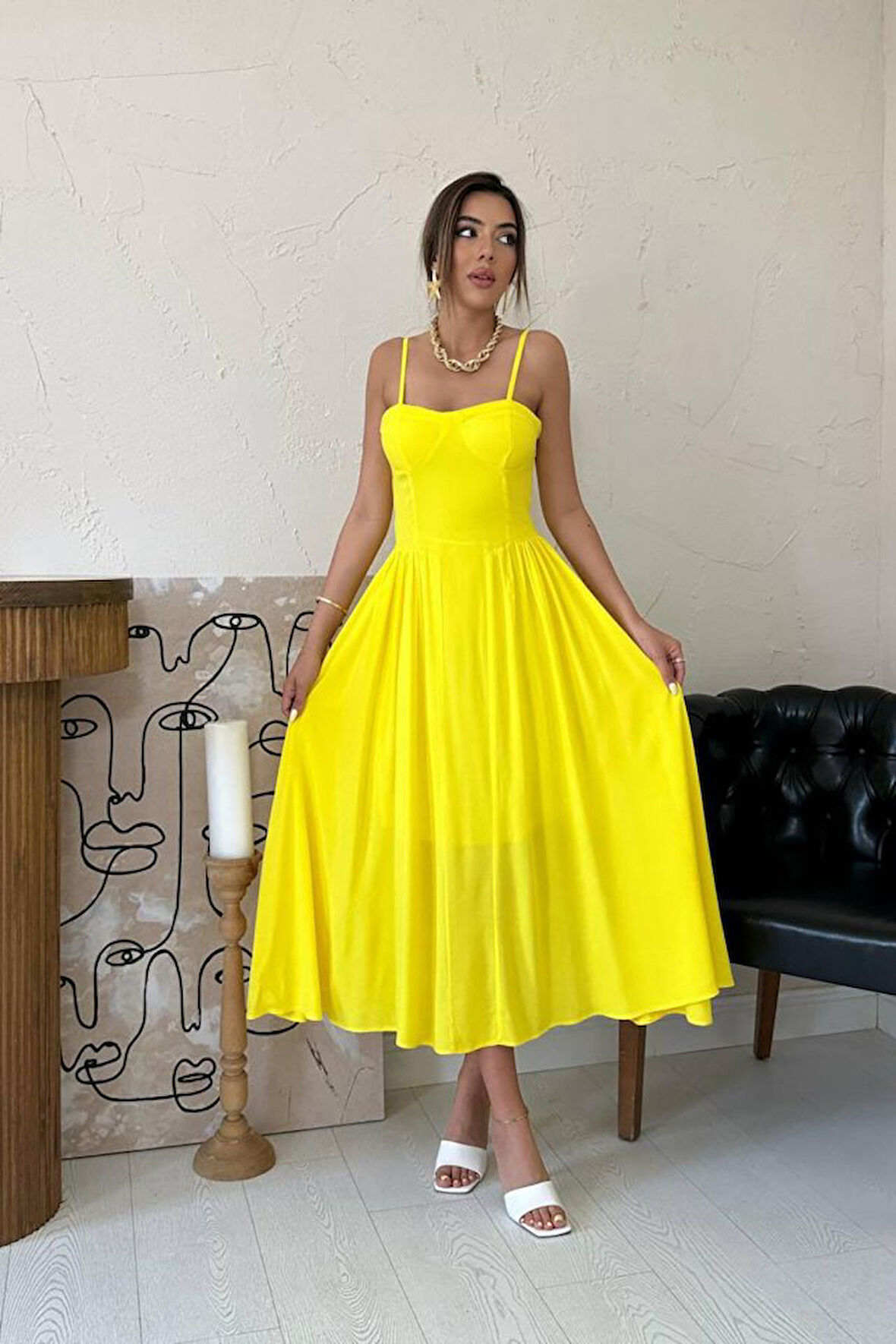 SUPPLİERBY Sarı Göğüs Kuplu Uzun Büzgülü Elbise