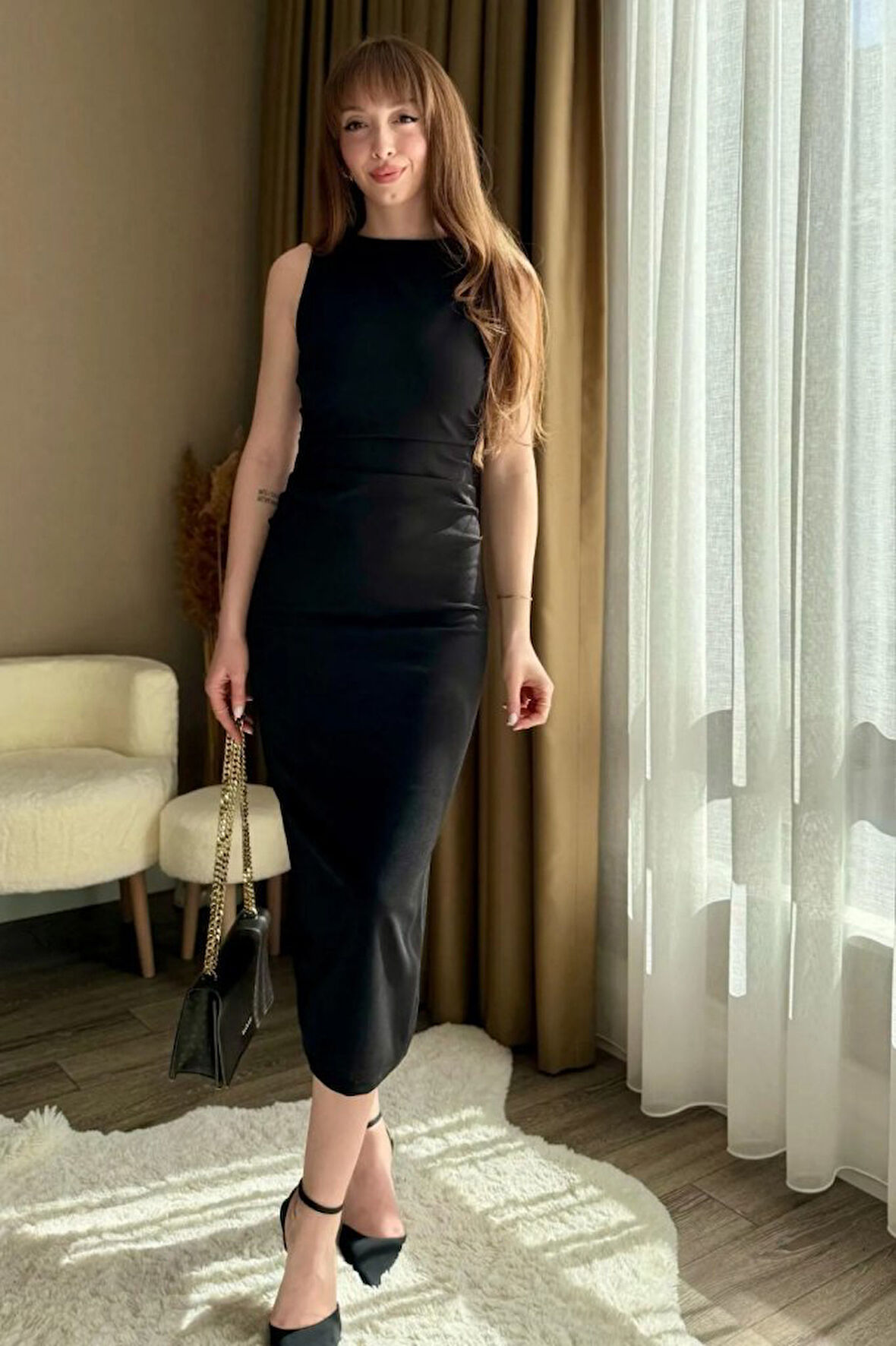 SUPPLİERBY Kadın Sıfır Kol Sıfır Yaka Drape Detaylı Midi Janjan Krep Elbise