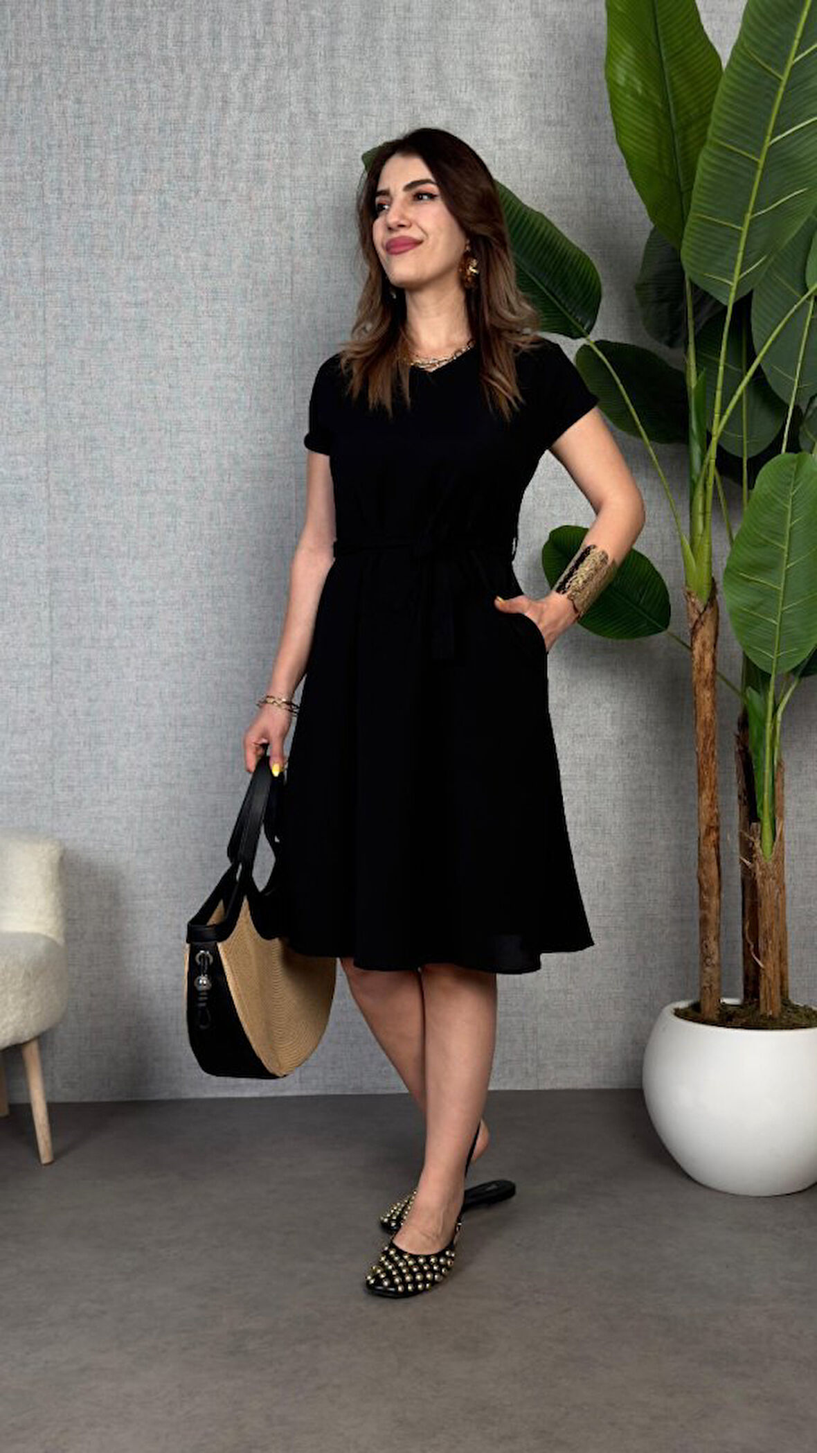 SUPPLİERBY Kadın Kısa Kollu V Yakalı Beli Kuşaklı Ithal Keten Elbise