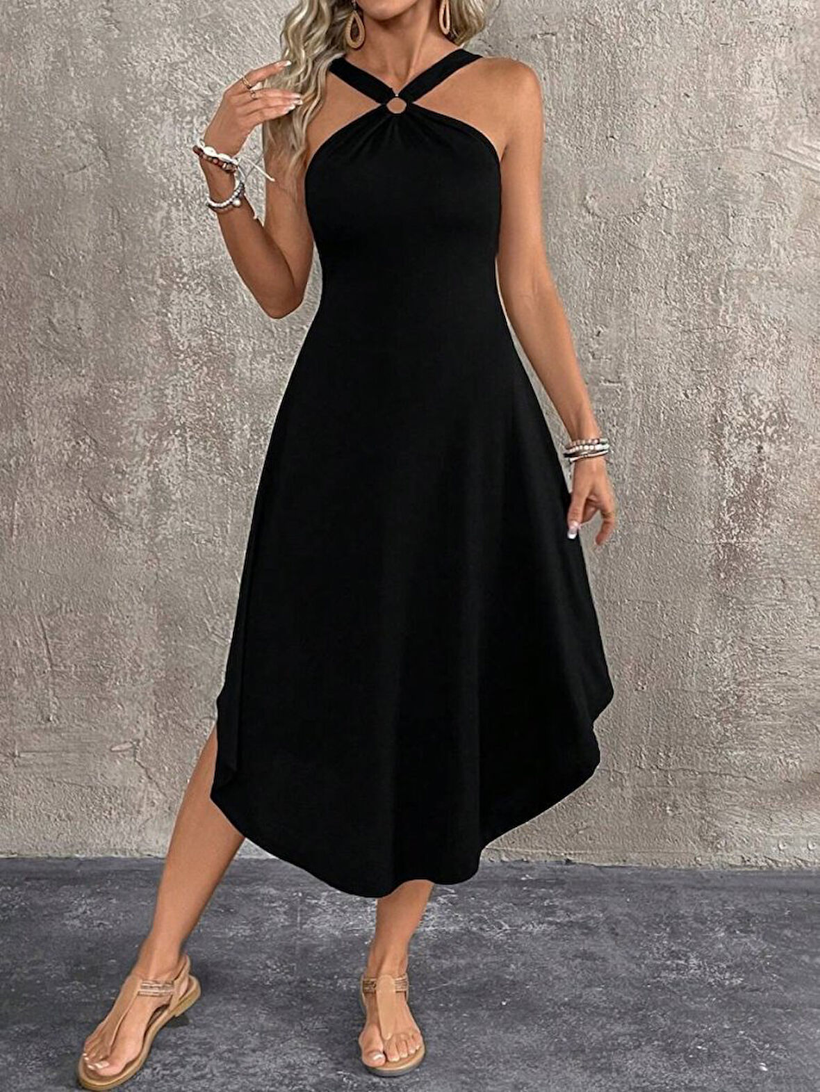 SUPPLİERBY Kadın Boyundan çapraz Askılı Halka Detaylı Asimetrik Kesim Viskon Elbise