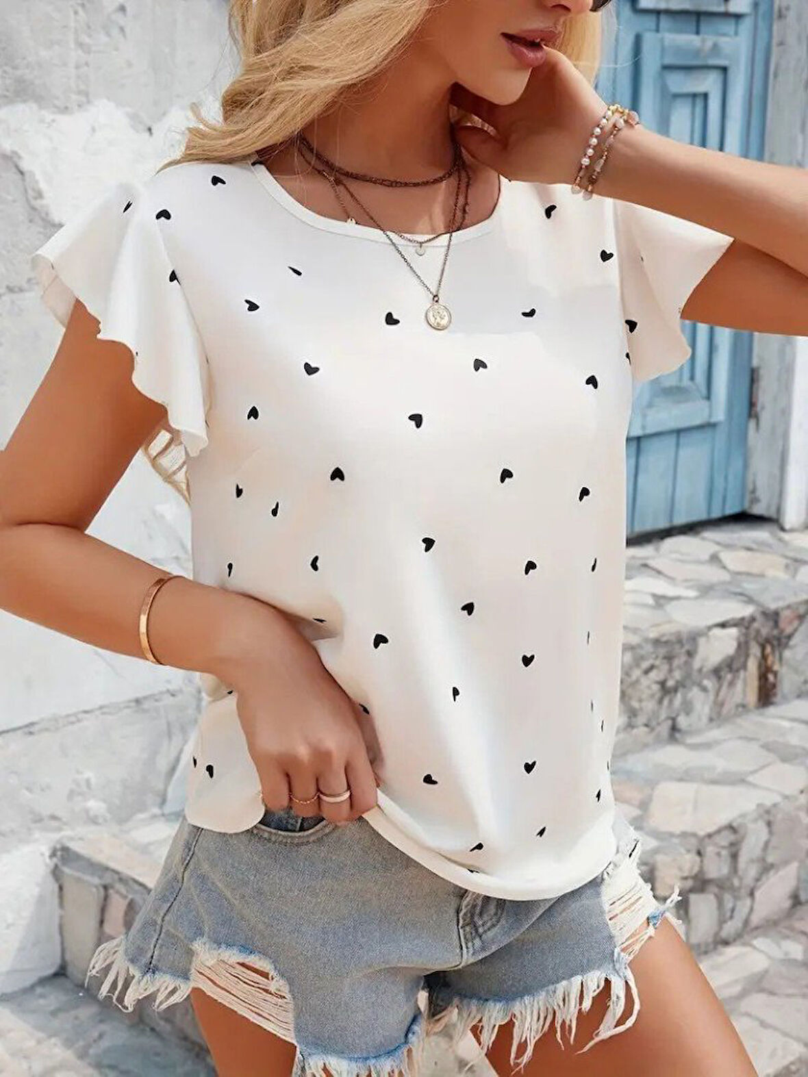 SUPPLİERBY Kadın Kısa Kelebek Kollu Bisiklet Yaka Kalp Desenli Süprem Bluz