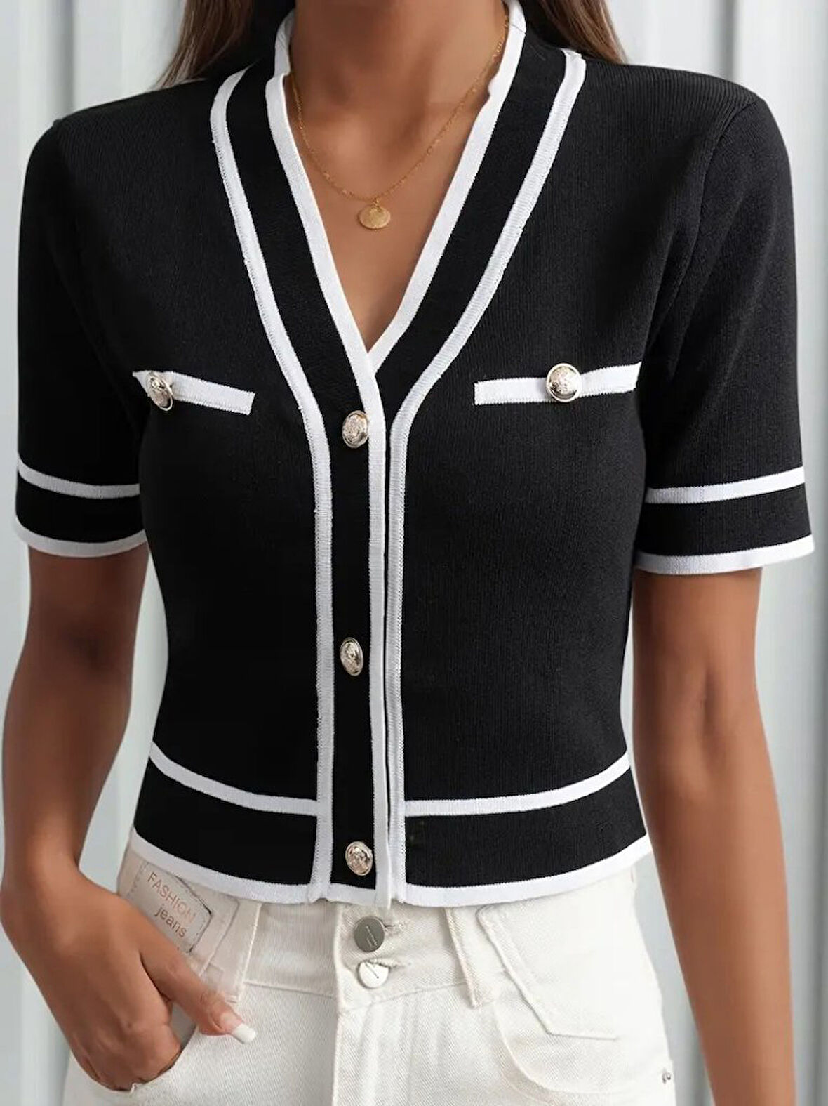 SUPPLİERBY Kadın Kısa Kollu önden Düğmeli Triko Bluz