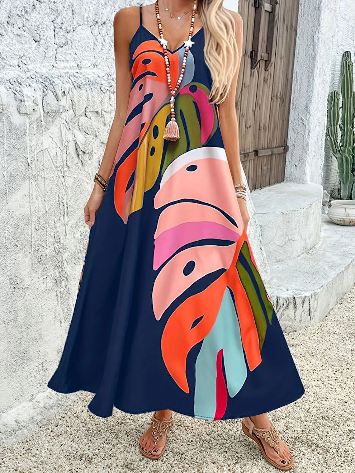 SUPPLİERBY Kadın Ip Askılı V Yakalı Desenli Süprem Maxi Elbise