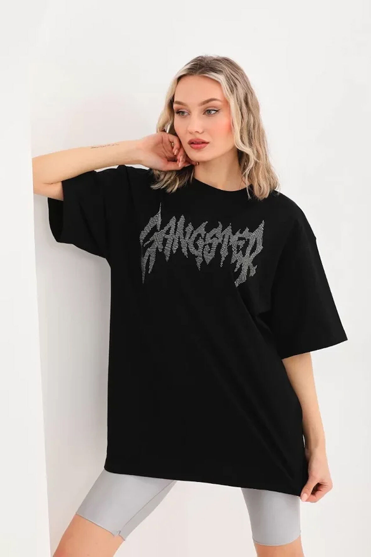 SUPPLİERBY Unisex Taş Desenli Oversize T-Shirt - Siyah