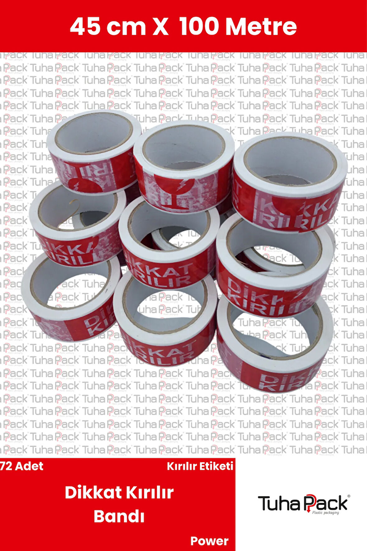 Dikkat Kırılır Yazılı Koli Bandı 45mm X 100m (72 Adet) - Hassas Ürünler İçin Güvenlik ve Uyarı Bandı