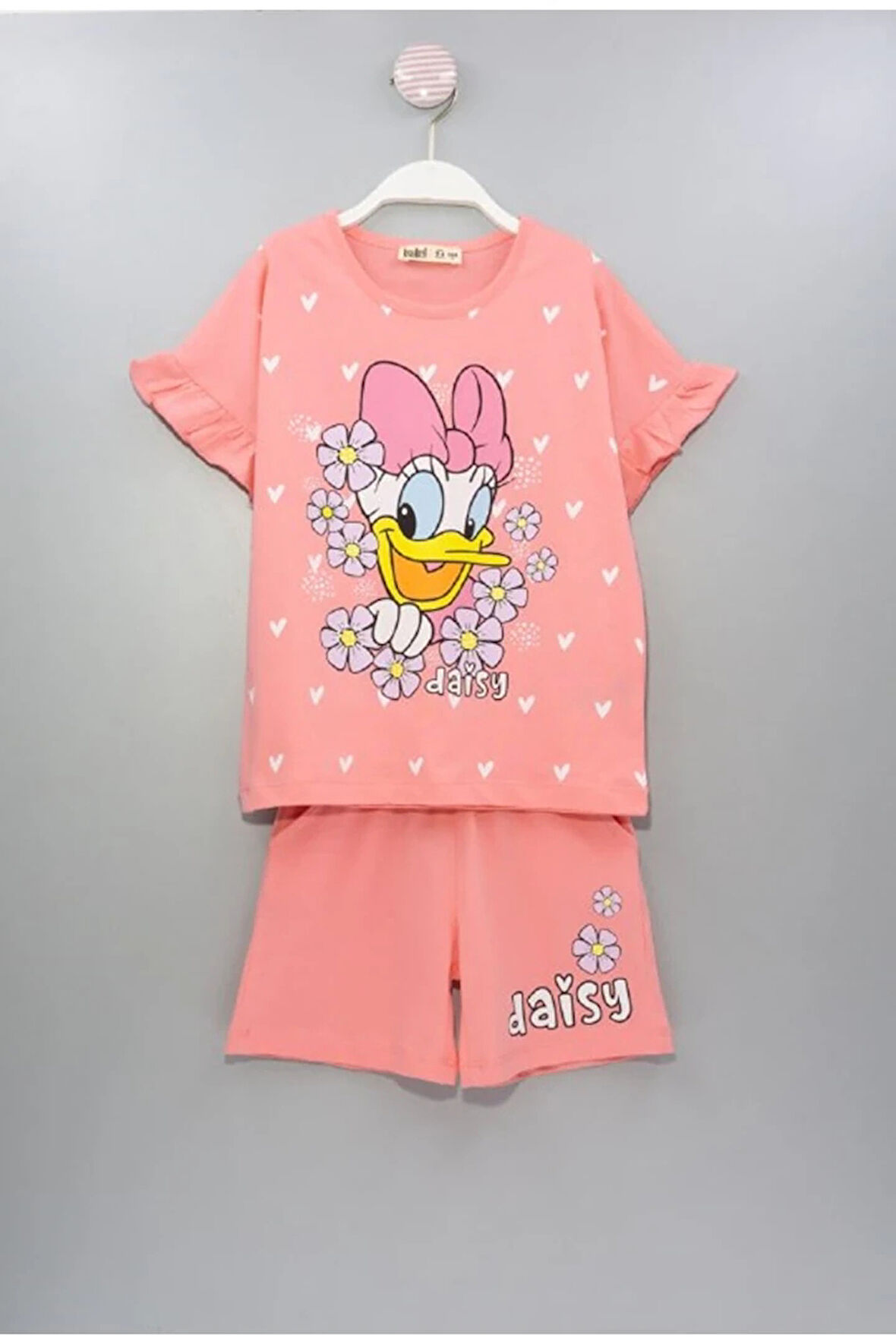 İSOB Nar Çiçeği Daisy Desenli Kolları Fırfırlı %100 Pamuk Kız Çocuk Kısa Kollu Şortlu Takım 3-12 Yaş 23302-N
