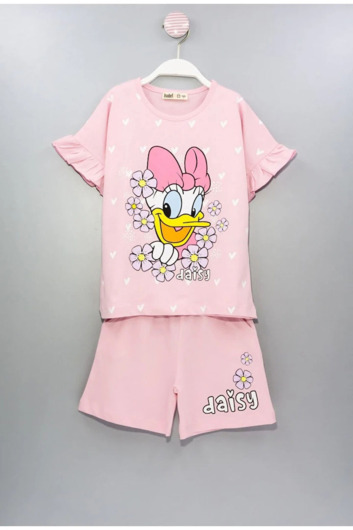 İSOB Pembe Daisy Desenli Kolları Fırfırlı %100 Pamuk Kız Çocuk Kısa Kollu Şortlu Takım 3-12 Yaş 23302-P