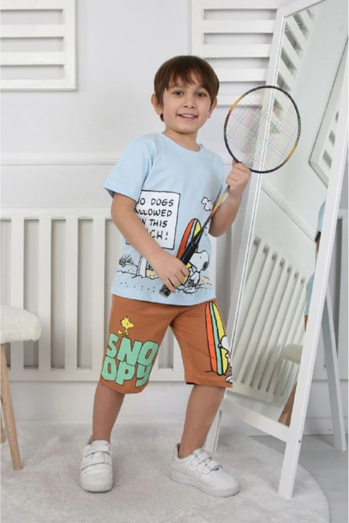İSOB Mavi Snoopy Desenli %100 Pamuk Erkek Çocuk Kısa Kollu Şortlu Takım 3-12 Yaş 24408-M