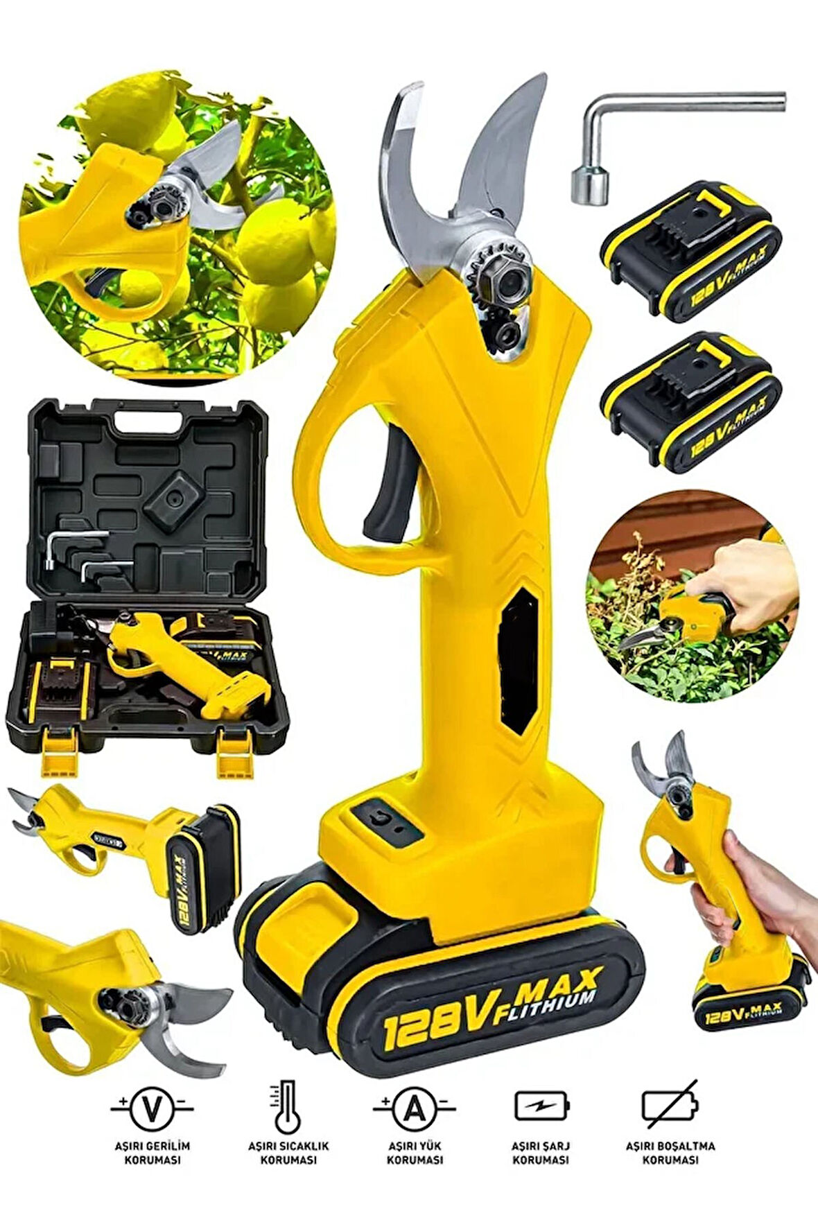 25 MM Geniş Gövdeli Çift Akülü 128WF Profesyonel Şarjlı Bağ Dal Ağaç Budama Makası Çelik Ağız