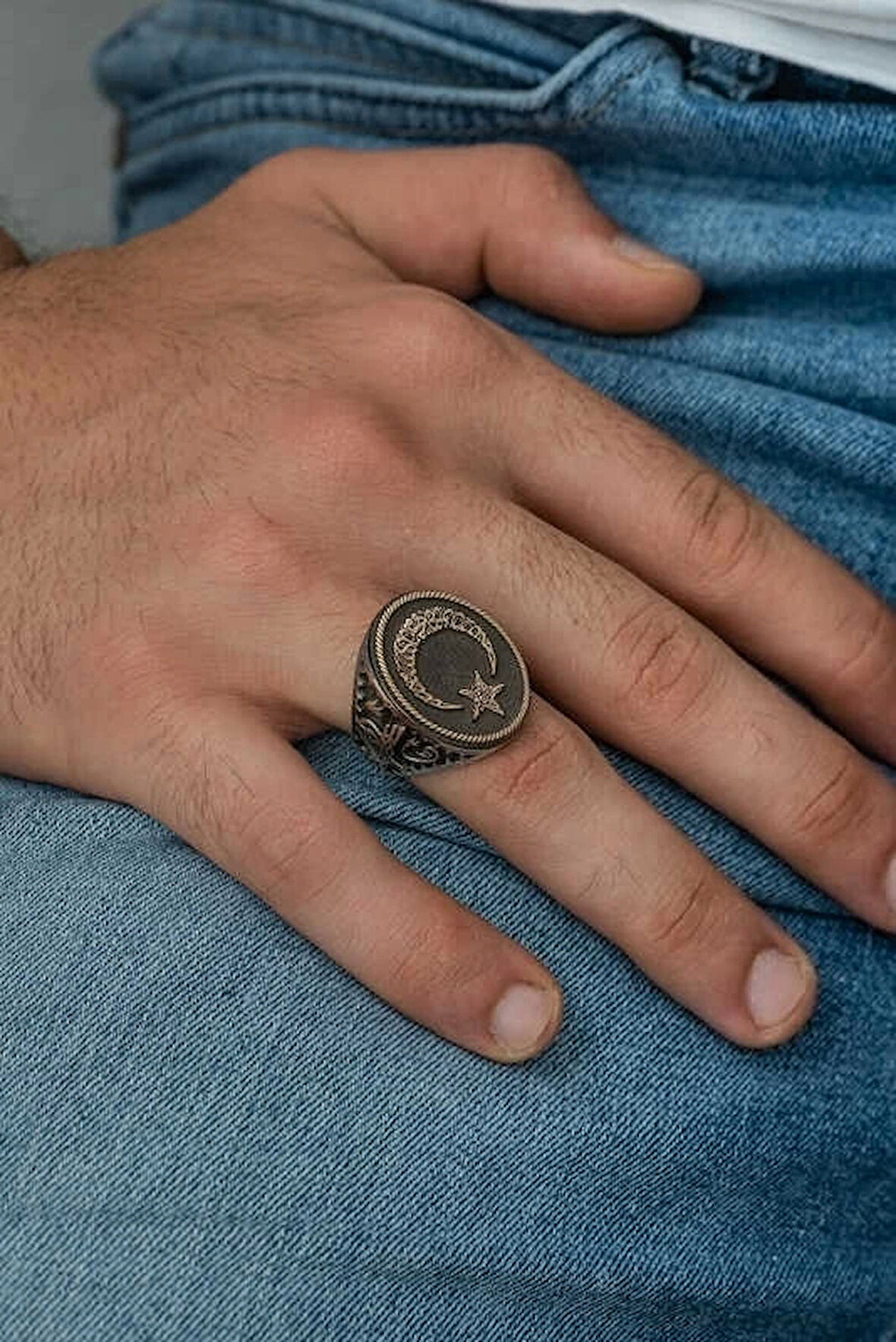 Supertrend Gümüş Göktürkçe Alfabesi Yazılı Ay Yıldız Erkek Yüzük