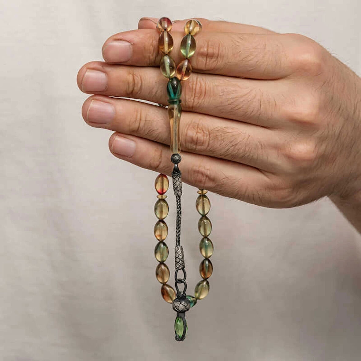 Supertrend Gümüş 1000 Ayar Kazaz Püsküllü Sıkma Kehribar Tesbih