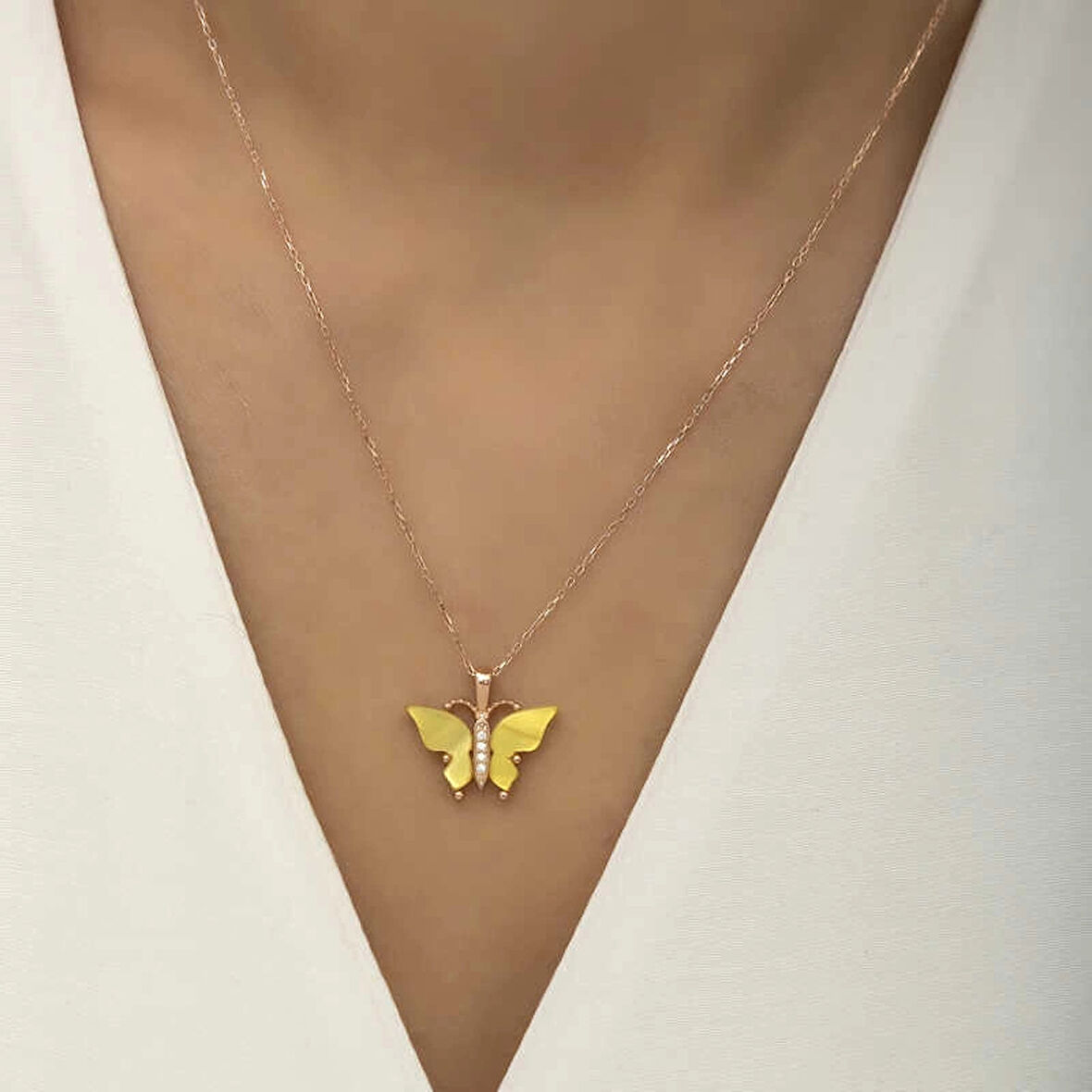 Supertrend Gümüş Rose Sarı Kaplangözü Taşlı Kelebek Kolye