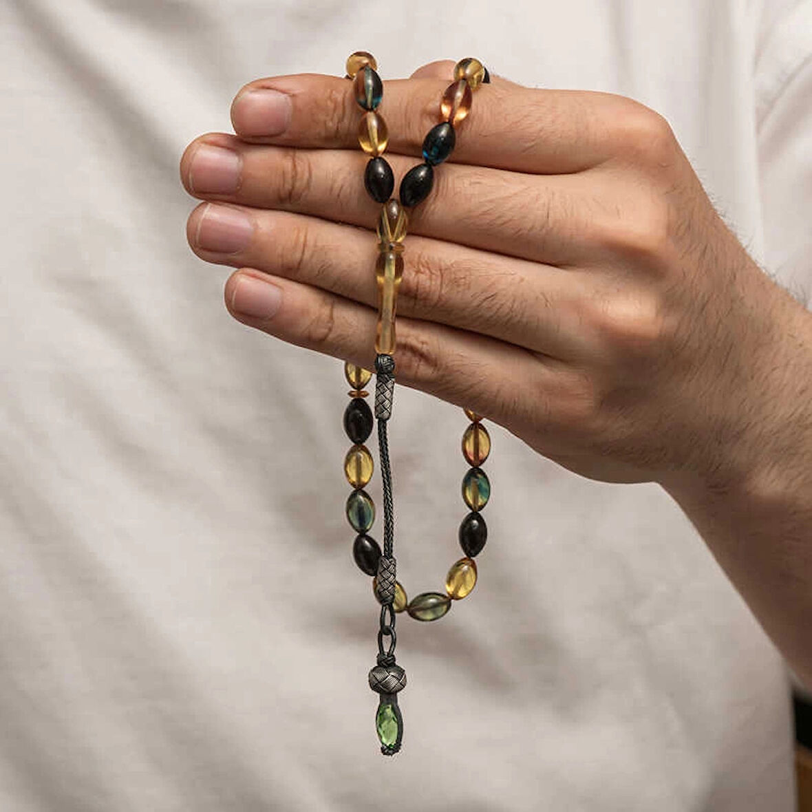 Supertrend Gümüş 1000 Ayar Kazaz Püsküllü Sıkma Kehribar Tesbih