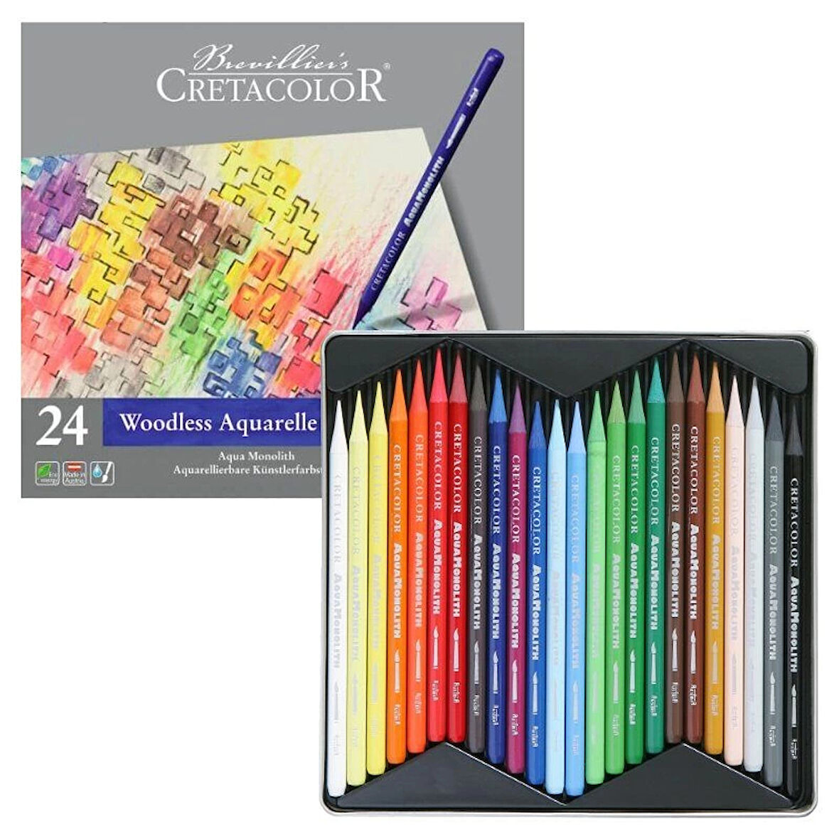 Supertrend Aqua Monolith Ağaçsız Sulandırılabilr Aquarell Boya Kalemi Seti 24 Renk Metal Kutu