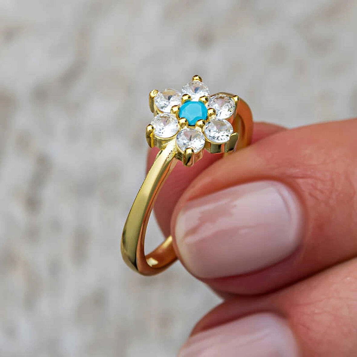 Supertrend Gümüş Mavi Taşlı Gold Çiçek Kadın Yüzük