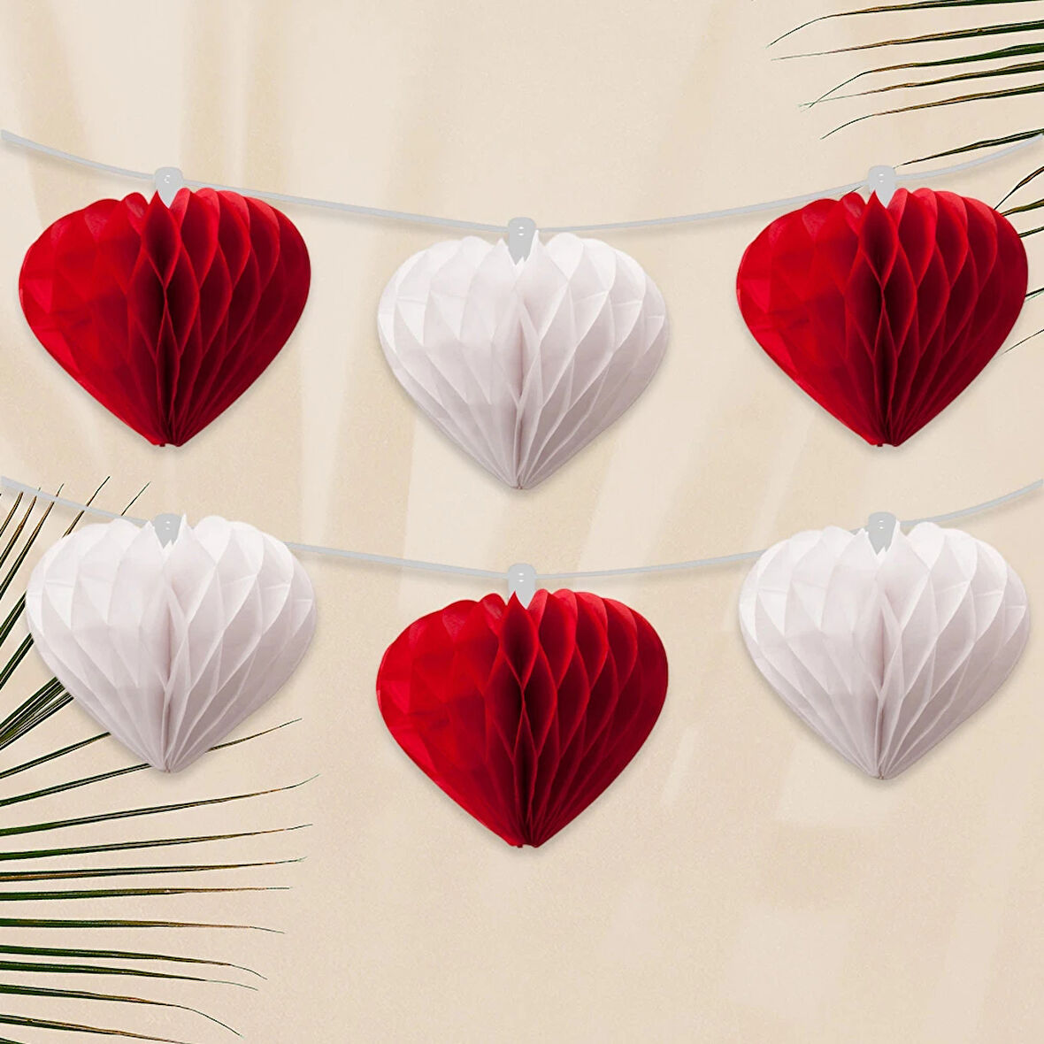 Kırmızı/Beyaz Sıralı Kalp Petek Süs