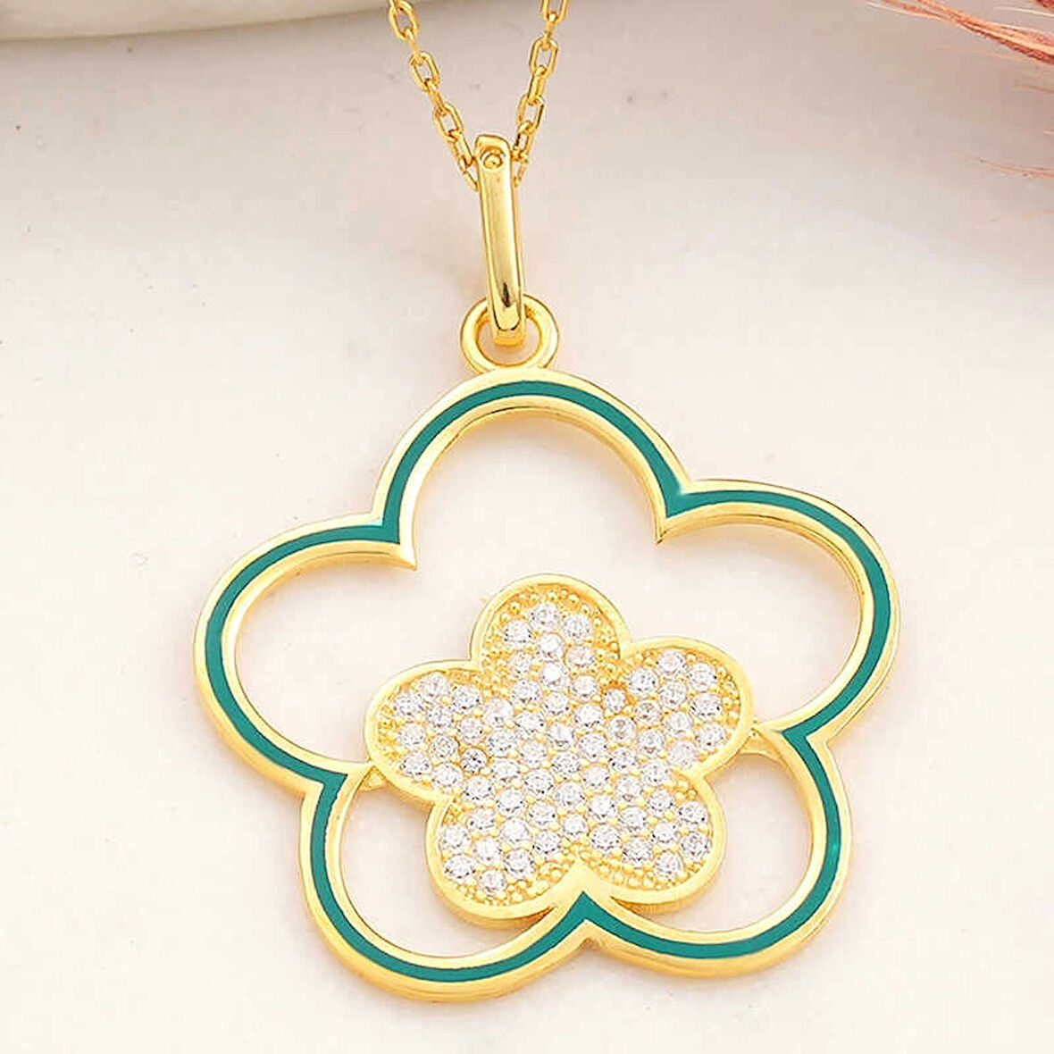 Supertrend ​gümüş Gold Çiçek Desenli Kadın Kolye