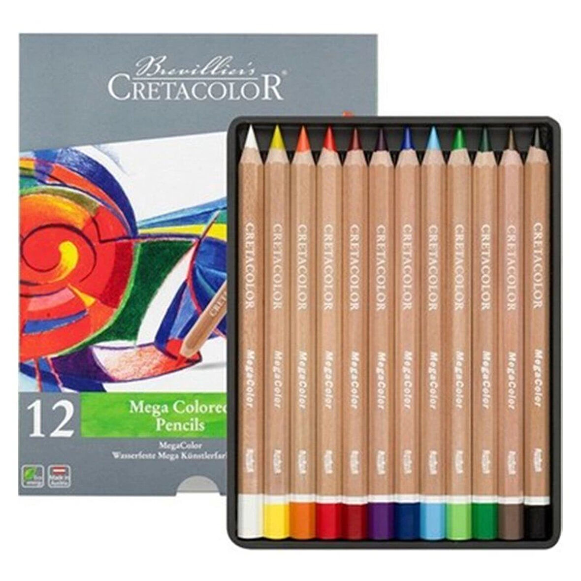 Supertrend Megacolor Jumbo Kalın Kuru Boya Kalemi Seti 12 Renk Metal Kutu