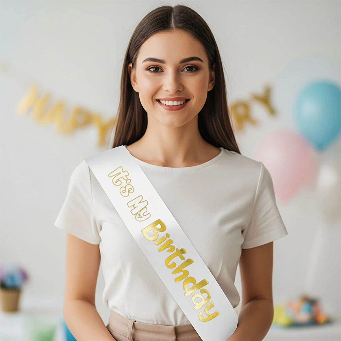 Its My Birthday Baskılı Varaklı Lüks Kuşak -Altın-