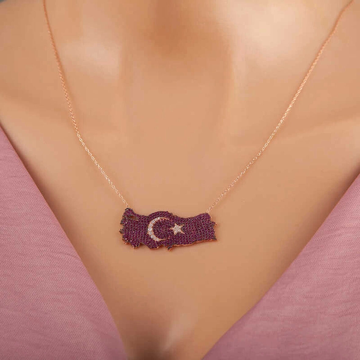 Supertrend Gümüş Rose Ay Yıldız Türkiye Haritası Kadın Kolye