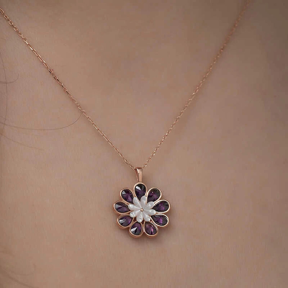 Supertrend Gümüş Rose Erguvan Çiçeği Kolye