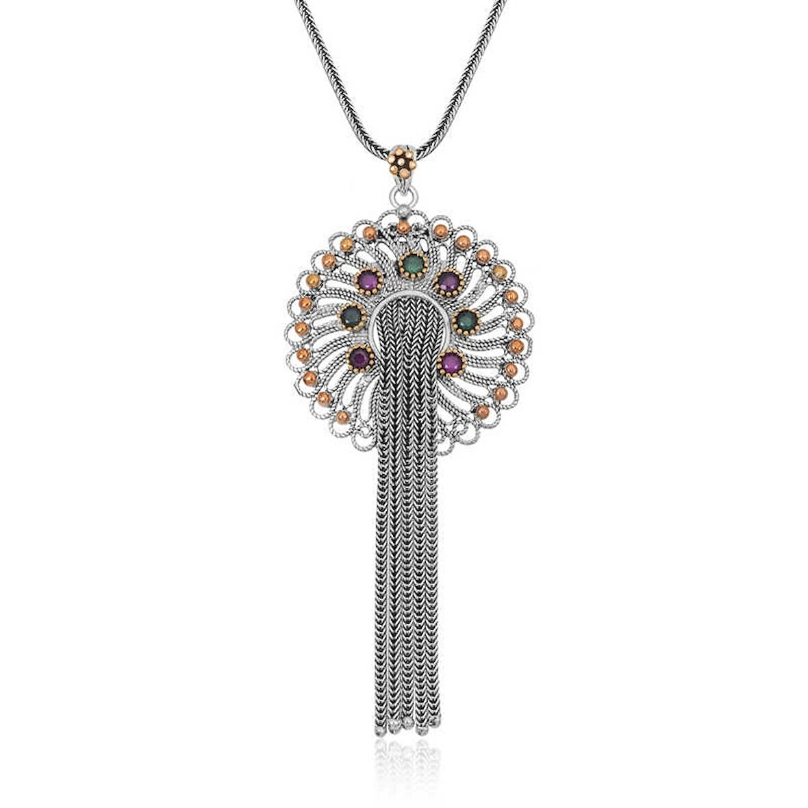 Supertrend Gümüş Telkari Yakut Zümrüt Renkli Taşlı Kadın Kolye