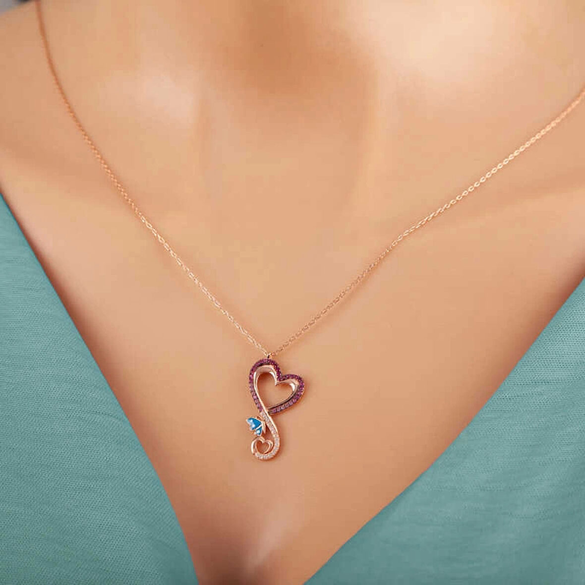 Supertrend Gümüş Rose Kalpli Kelebek Kadın Kolye