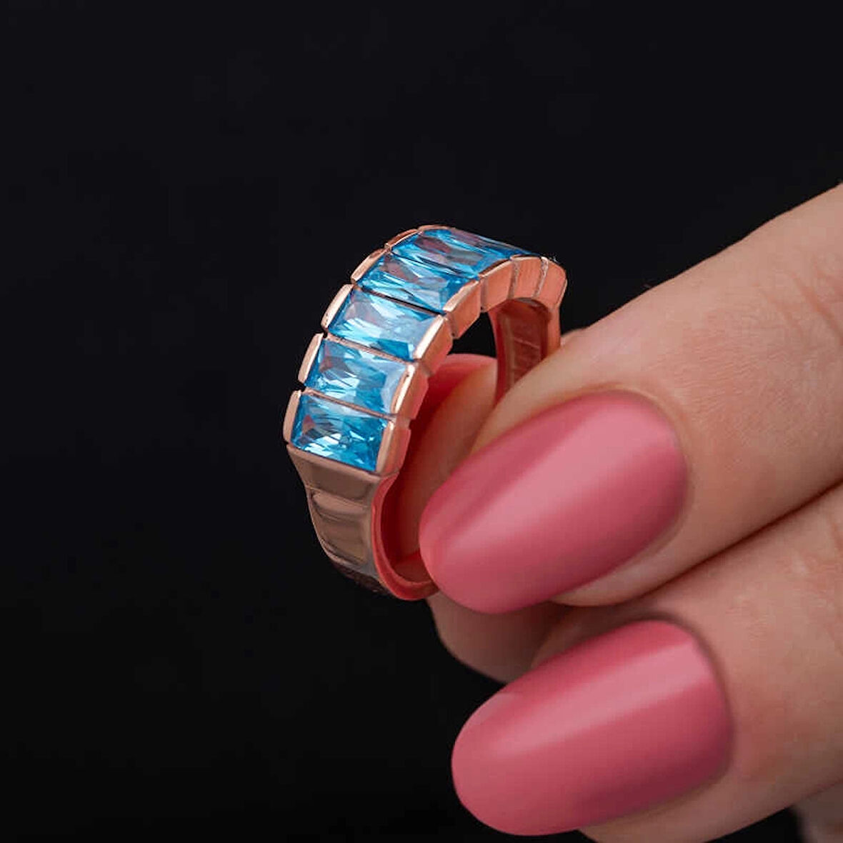 Supertrend Gümüş Rose Baget  Aquamarine Taşlı Kadın Yüzük