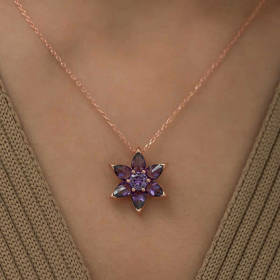 Supertrend ​gümüş Rose Mor Çiçek Kolye