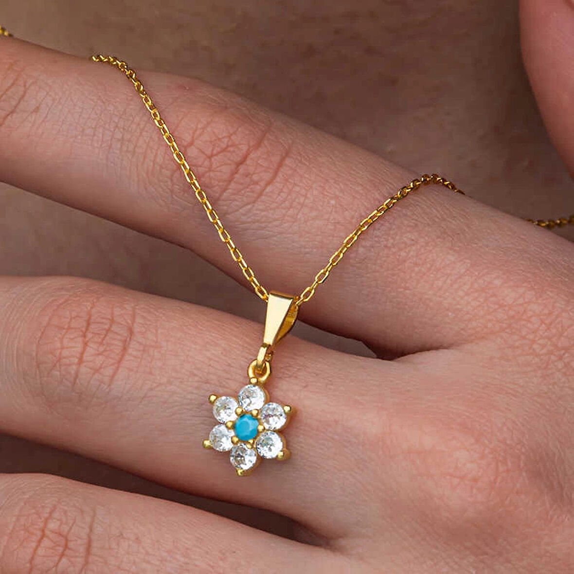 Supertrend Gümüş Mavi Taşlı Gold Çiçek Kadın Kolye