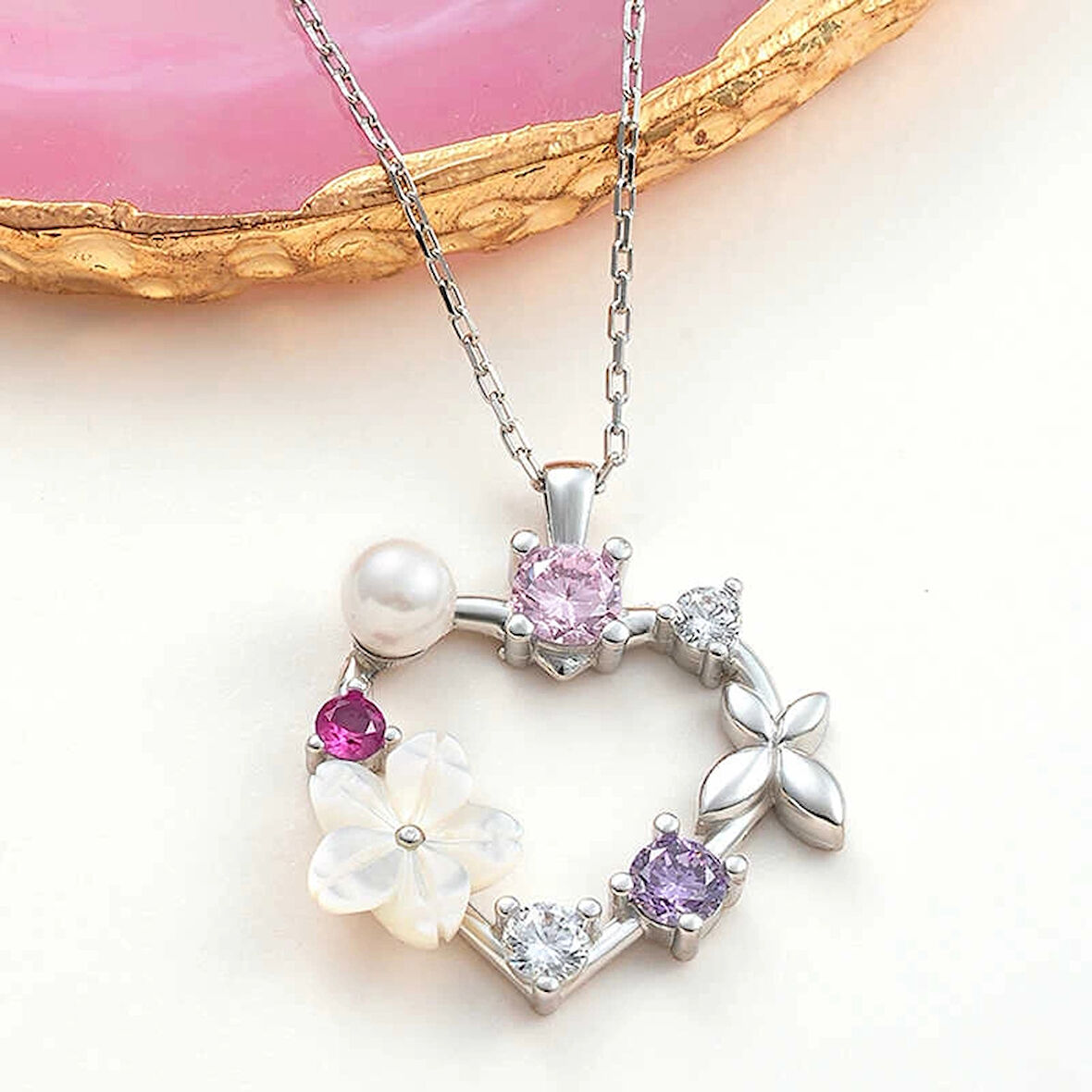 Supertrend Gümüş Kalp Manolya Çiçeği Kelebek Kadın Kolye