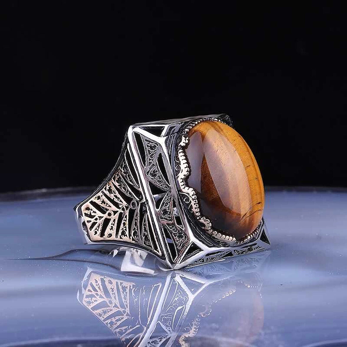 Supertrend Gümüş Kaplangözü Taşlı Kare Erkek Yüzük