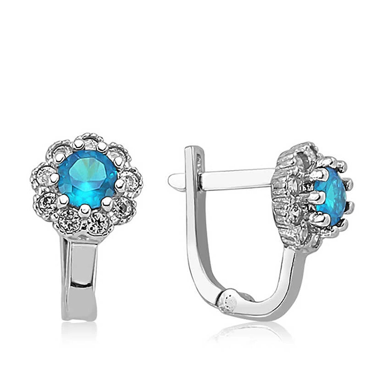 Supertrend Gümüş Turkuaz Çiçek Desenli Yuvarlak J Kadın Küpe